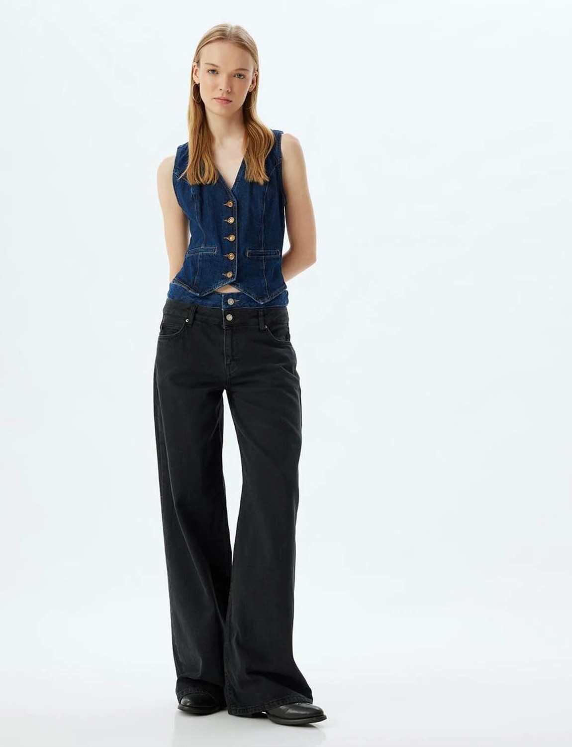Koton Bol Kot Pantolon Çift Bel Detaylı Düğmeli Yıkamalı Loose Straight Fit Jean görsel 2
