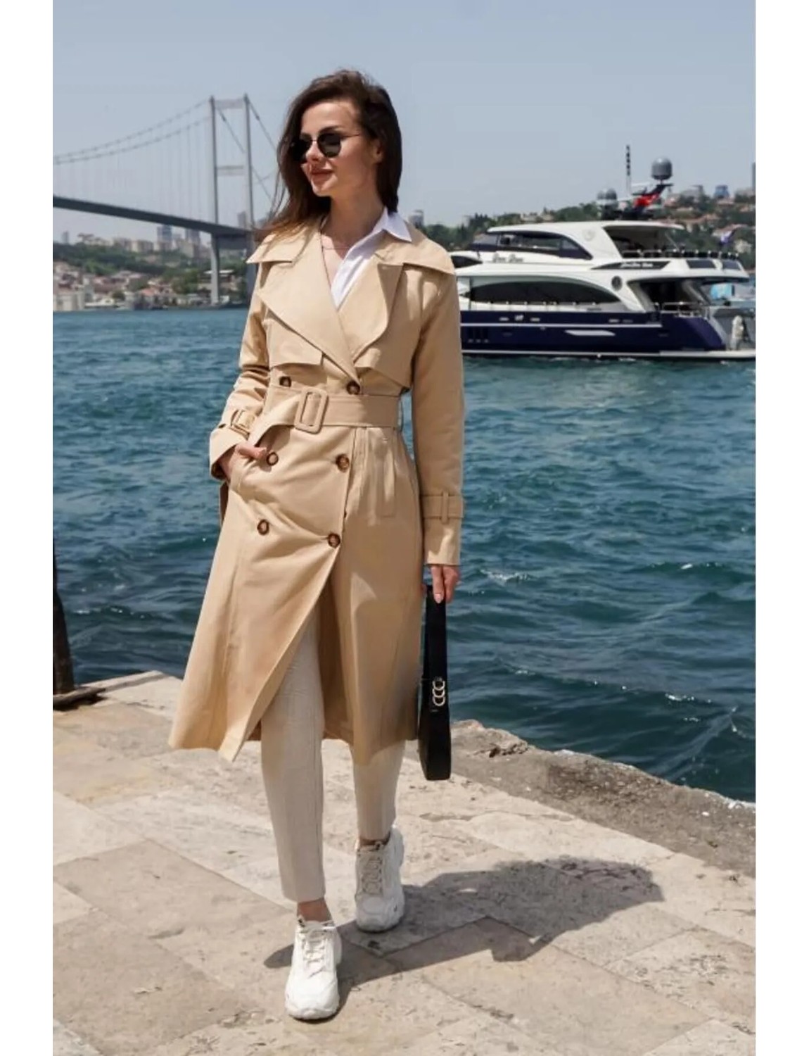 Pastelastore %100 Pamuk Gabardin Uzun (110CM) Astarlı Kemerli Kadın Trençkot 1111 görsel 7