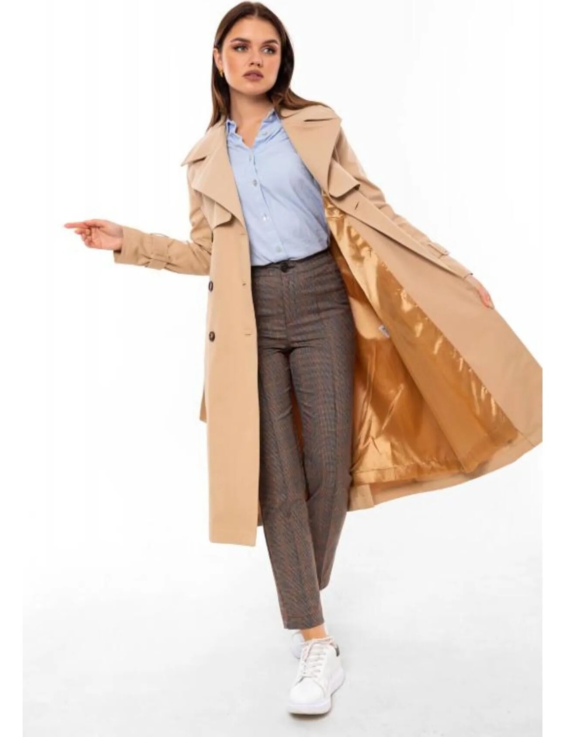 Pastelastore %100 Pamuk Gabardin Uzun (110CM) Astarlı Kemerli Kadın Trençkot 1111 görsel 8