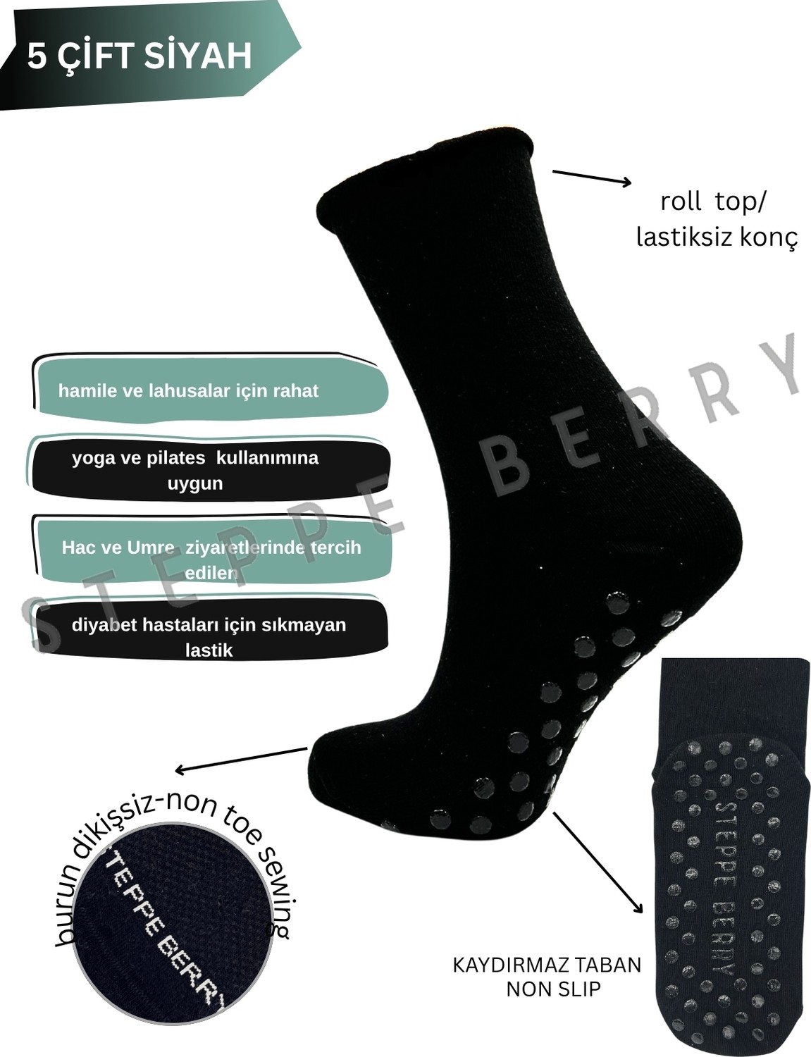 Steppe Berry 5'li Siyah Soket Lastiksiz Kaydırmaz Taban Hac Umre Tavaf Çorabı