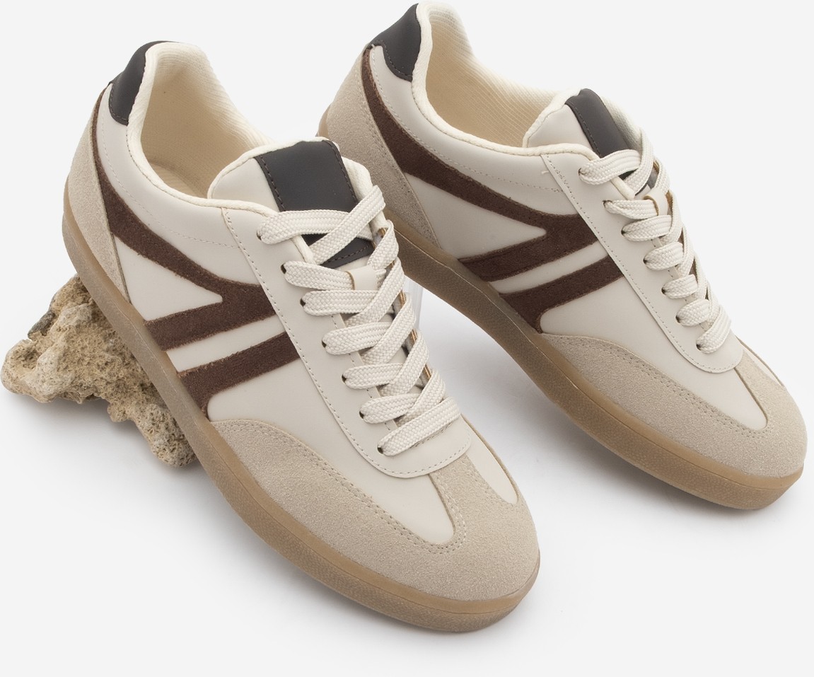 Marjin Kadın Sneaker Bağcıklı Düz Taban Retro Spor Ayakkabı Bej Termo Tabanlı