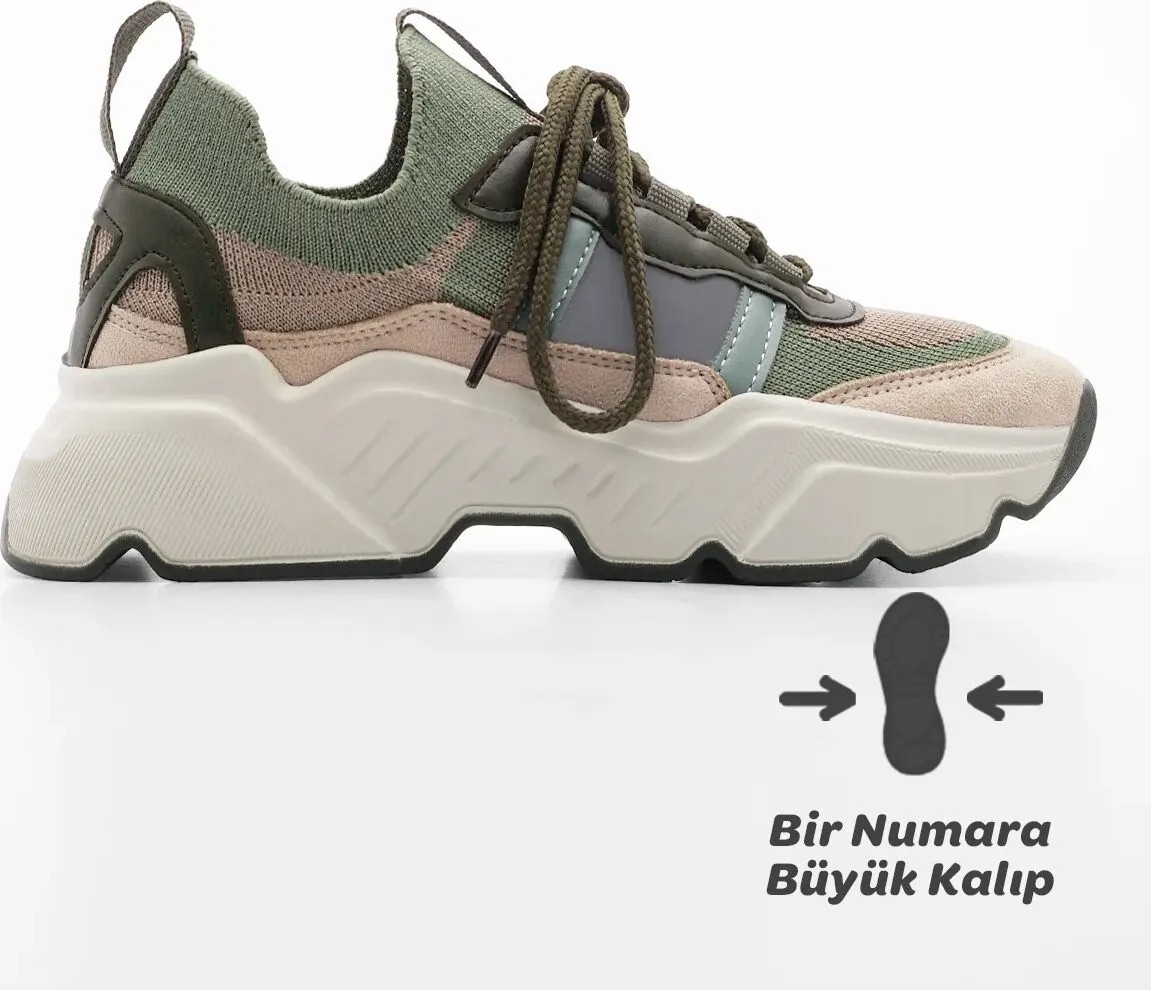 Marjin Kadın Sneaker Yüksek Taban Triko Spor Ayakkabı Volente Haki