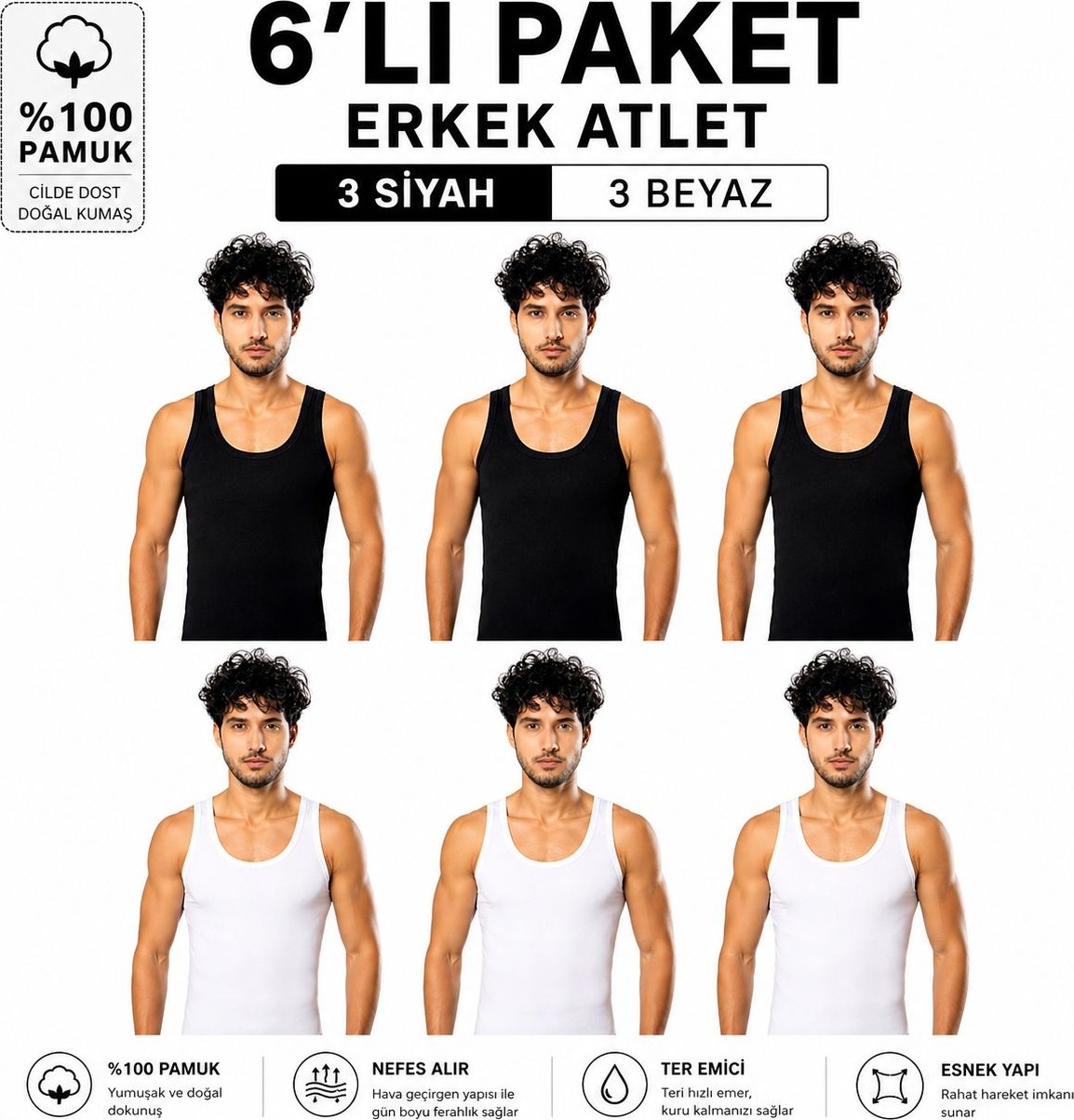 Erdem Erkek 6'lı Beyaz Penye Atlet görsel 5