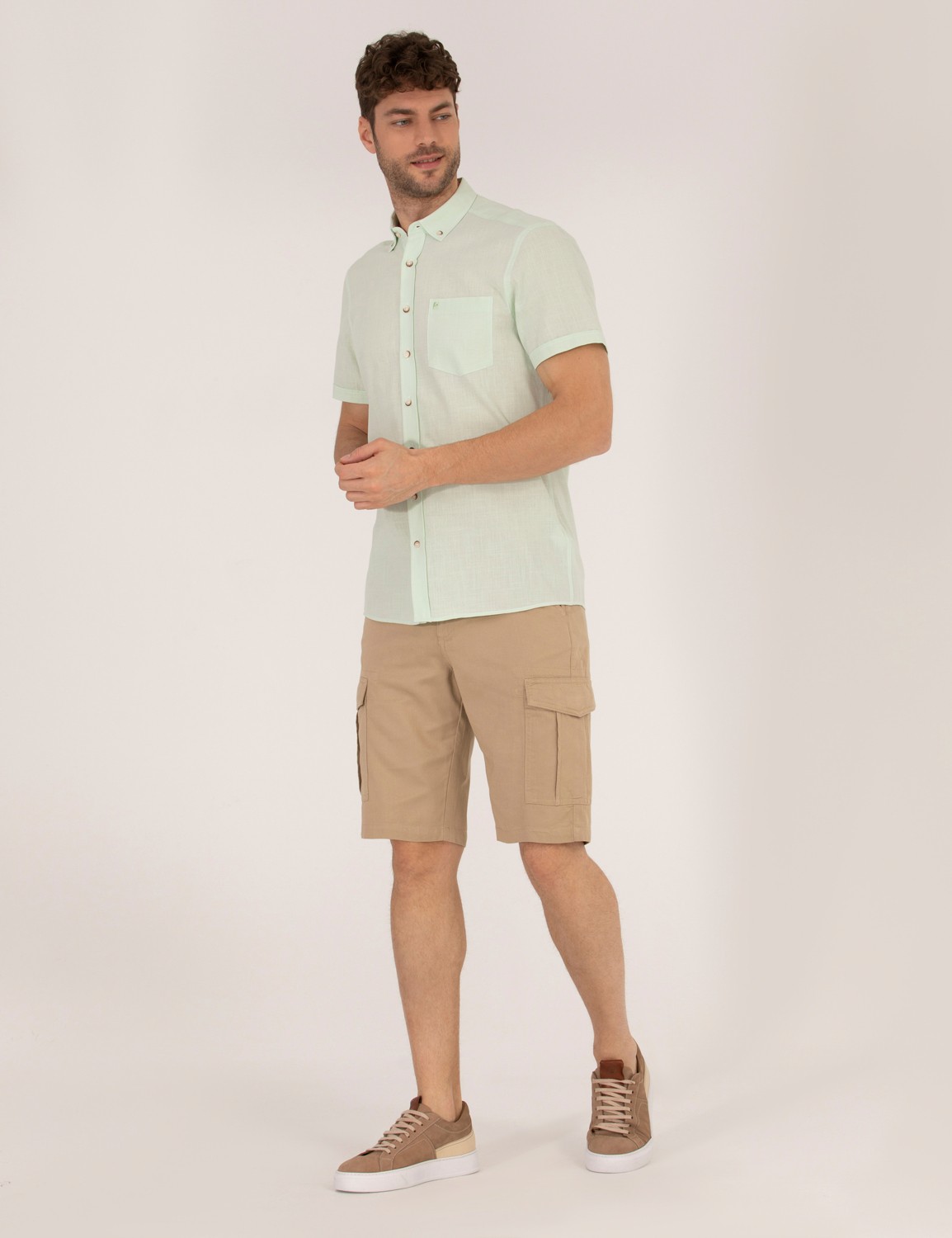Pierre Cardin Erkek Yeşil Regular Fit Kısa Kollu Gömlek 50268184-VR054 görsel 4