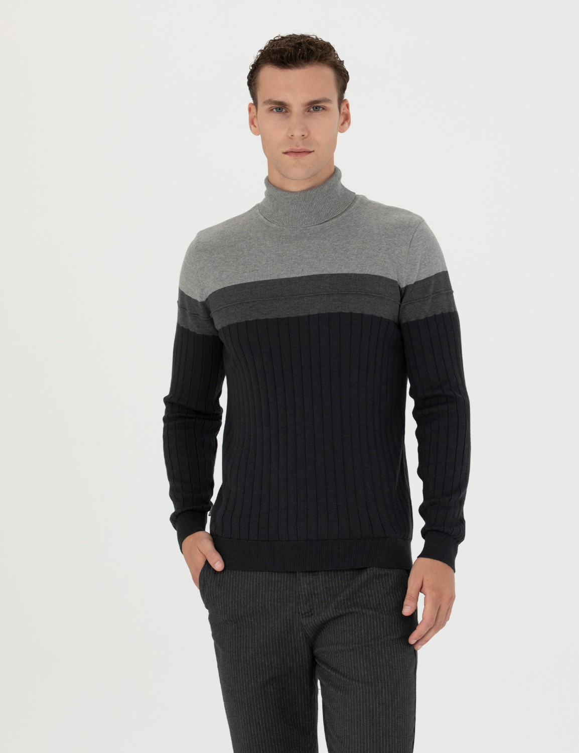 Pierre Cardin Erkek Vizon Melanj Slim Fit Balıkçı Yaka Triko Kazak 50279430-VR174