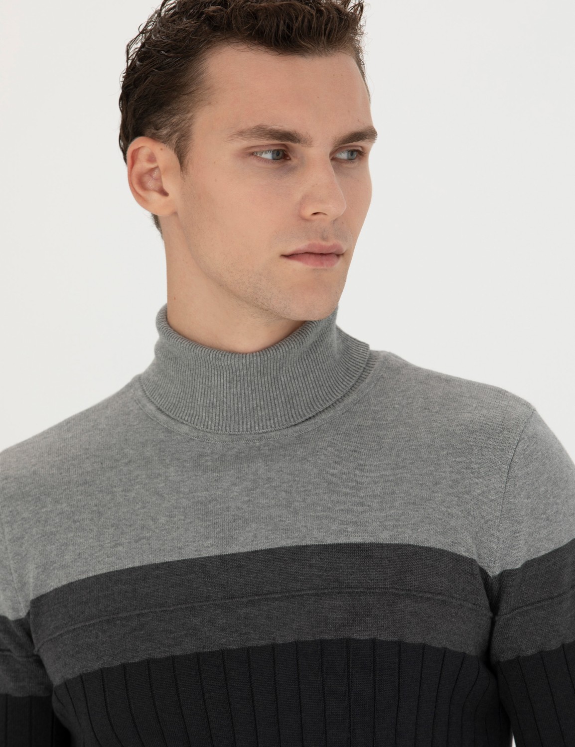 Pierre Cardin Erkek Vizon Melanj Slim Fit Balıkçı Yaka Triko Kazak 50279430-VR174 görsel 2