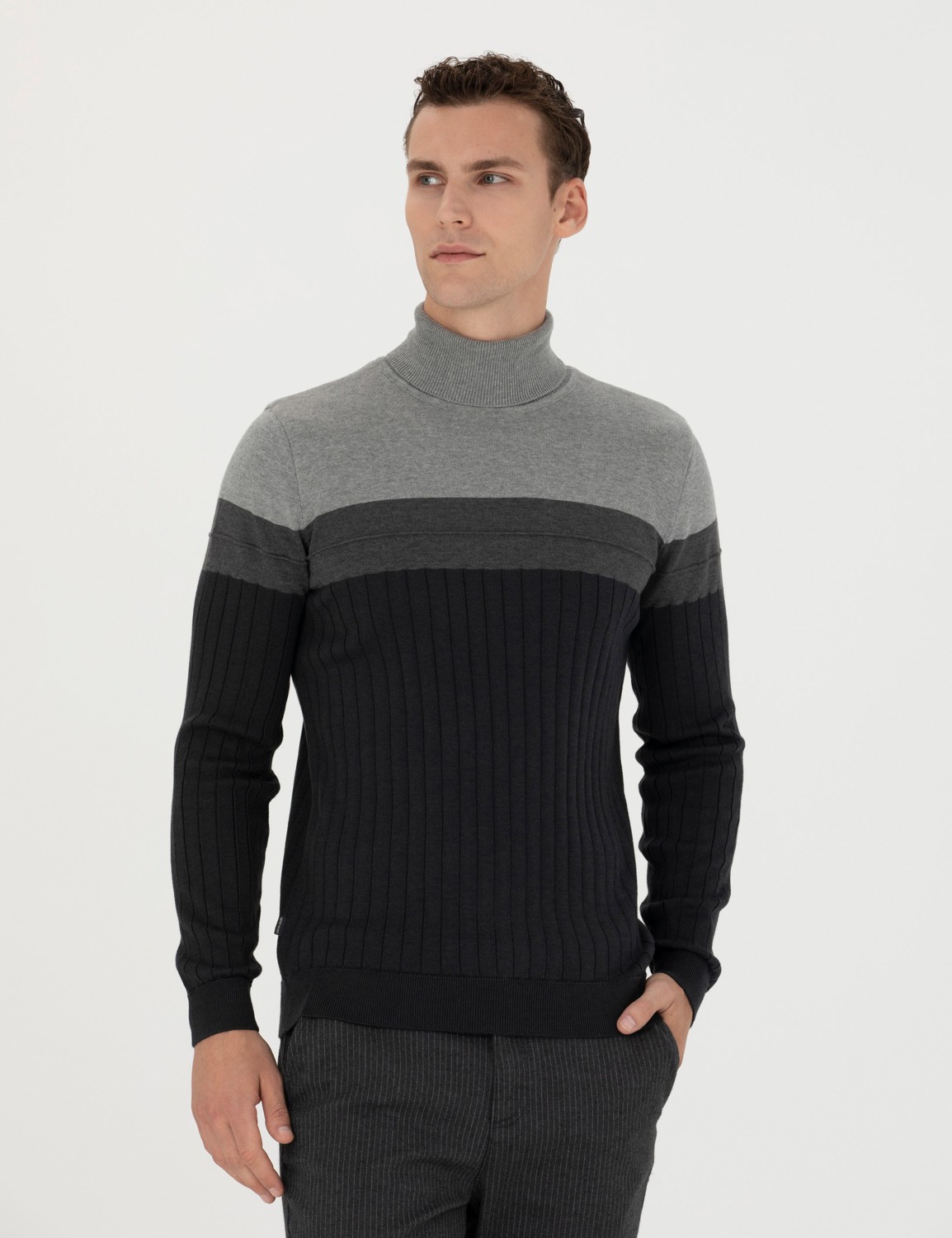 Pierre Cardin Erkek Vizon Melanj Slim Fit Balıkçı Yaka Triko Kazak 50279430-VR174 görsel 3
