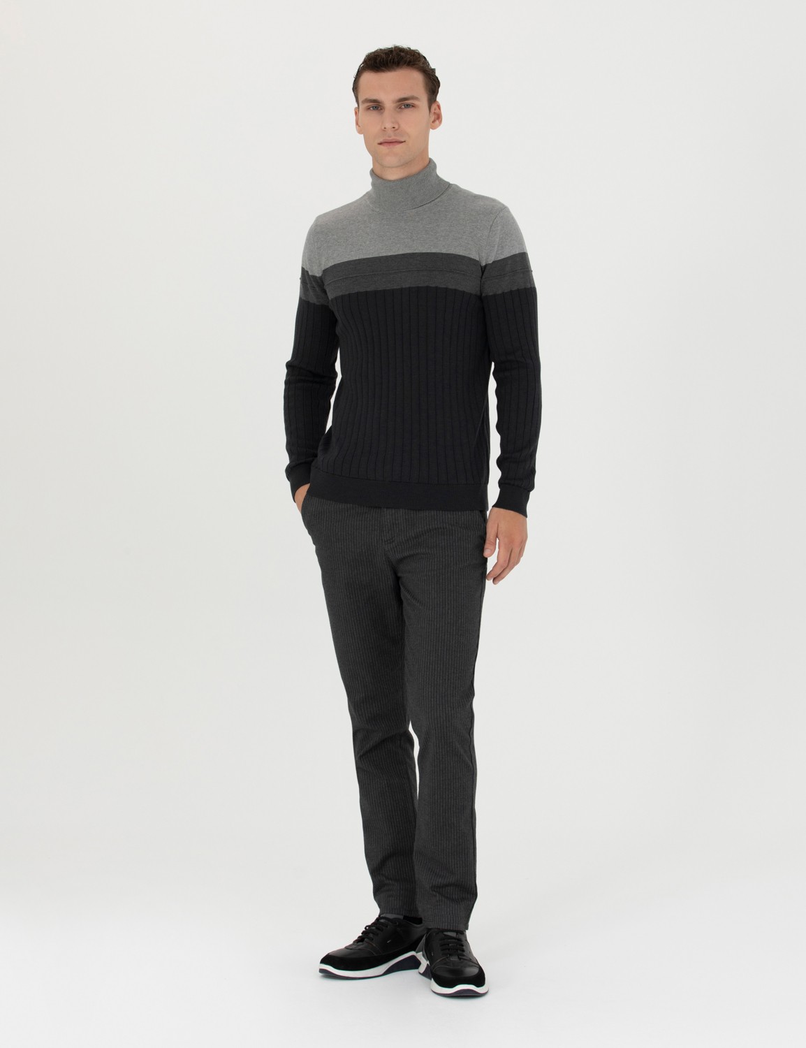 Pierre Cardin Erkek Vizon Melanj Slim Fit Balıkçı Yaka Triko Kazak 50279430-VR174 görsel 4
