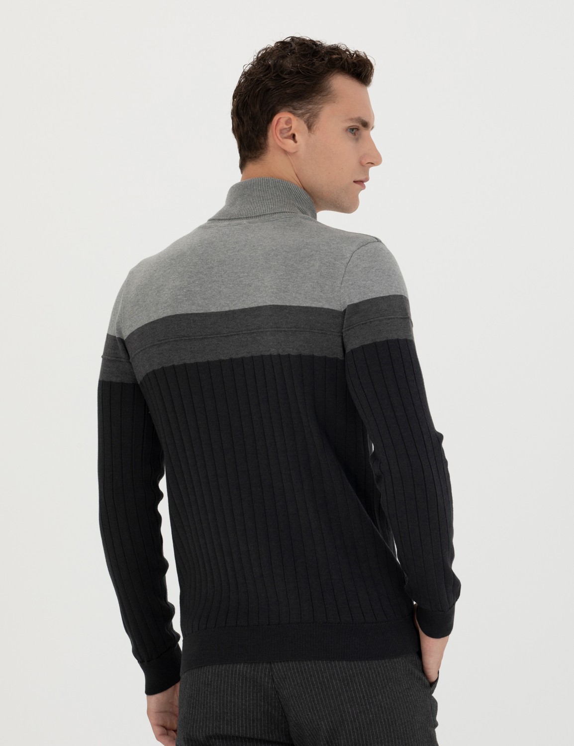 Pierre Cardin Erkek Vizon Melanj Slim Fit Balıkçı Yaka Triko Kazak 50279430-VR174 görsel 5