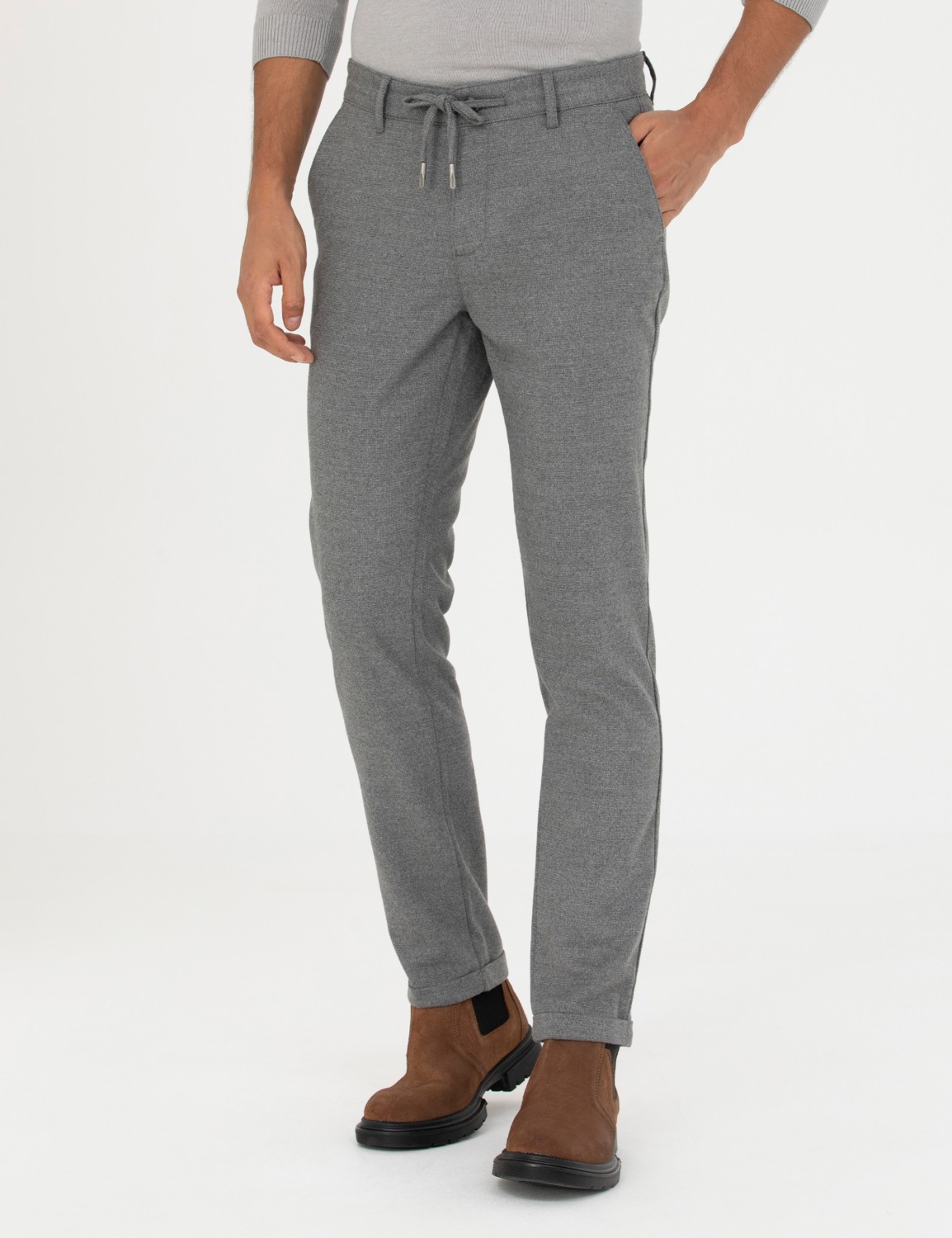 Pierre Cardin Erkek Gri Slim Fit Bağcıklı Kanvas Pantolon 50278467-VR024 görsel 2