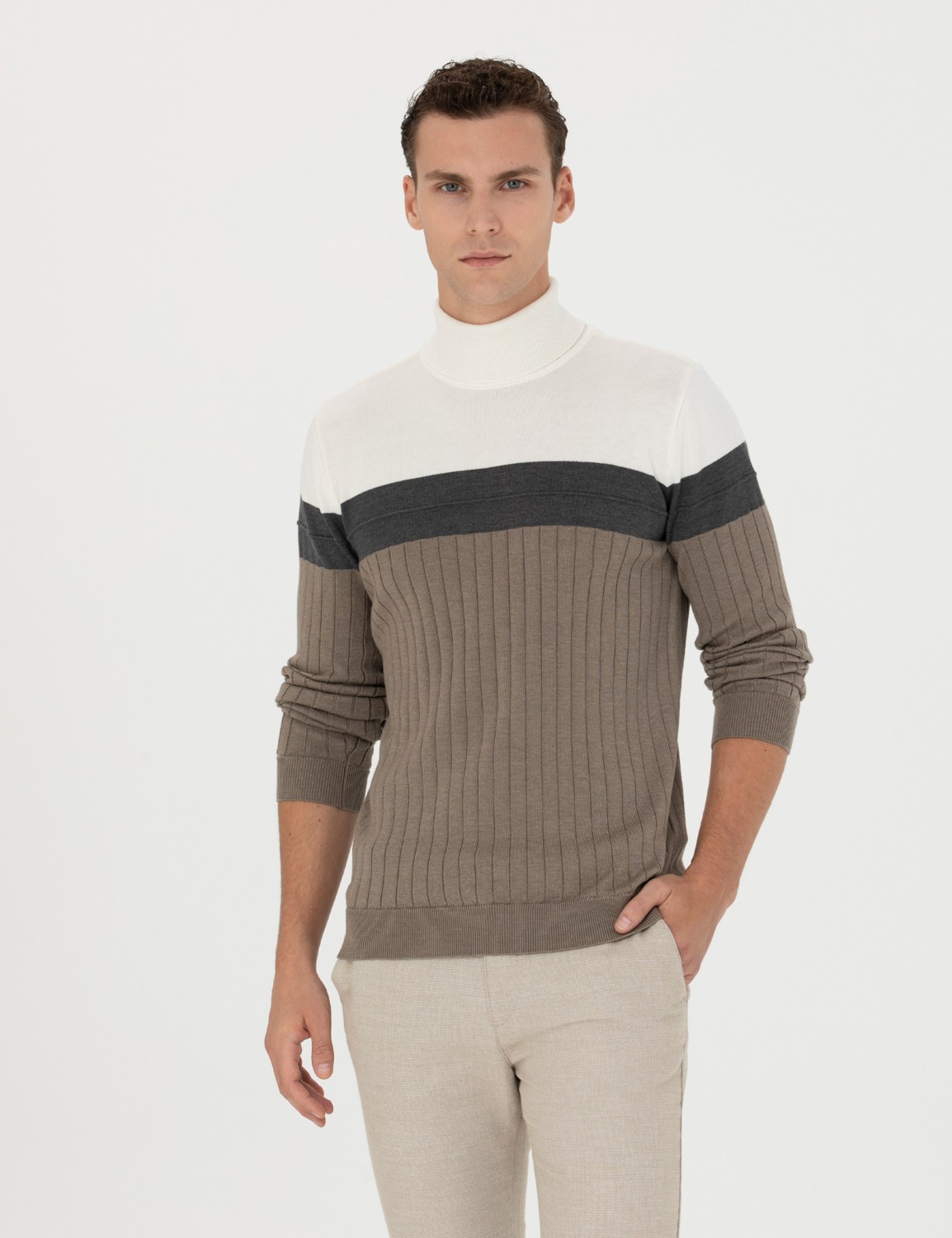 Pierre Cardin Erkek Vizon Melanj Slim Fit Balıkçı Yaka Triko Kazak 50279430-VR174