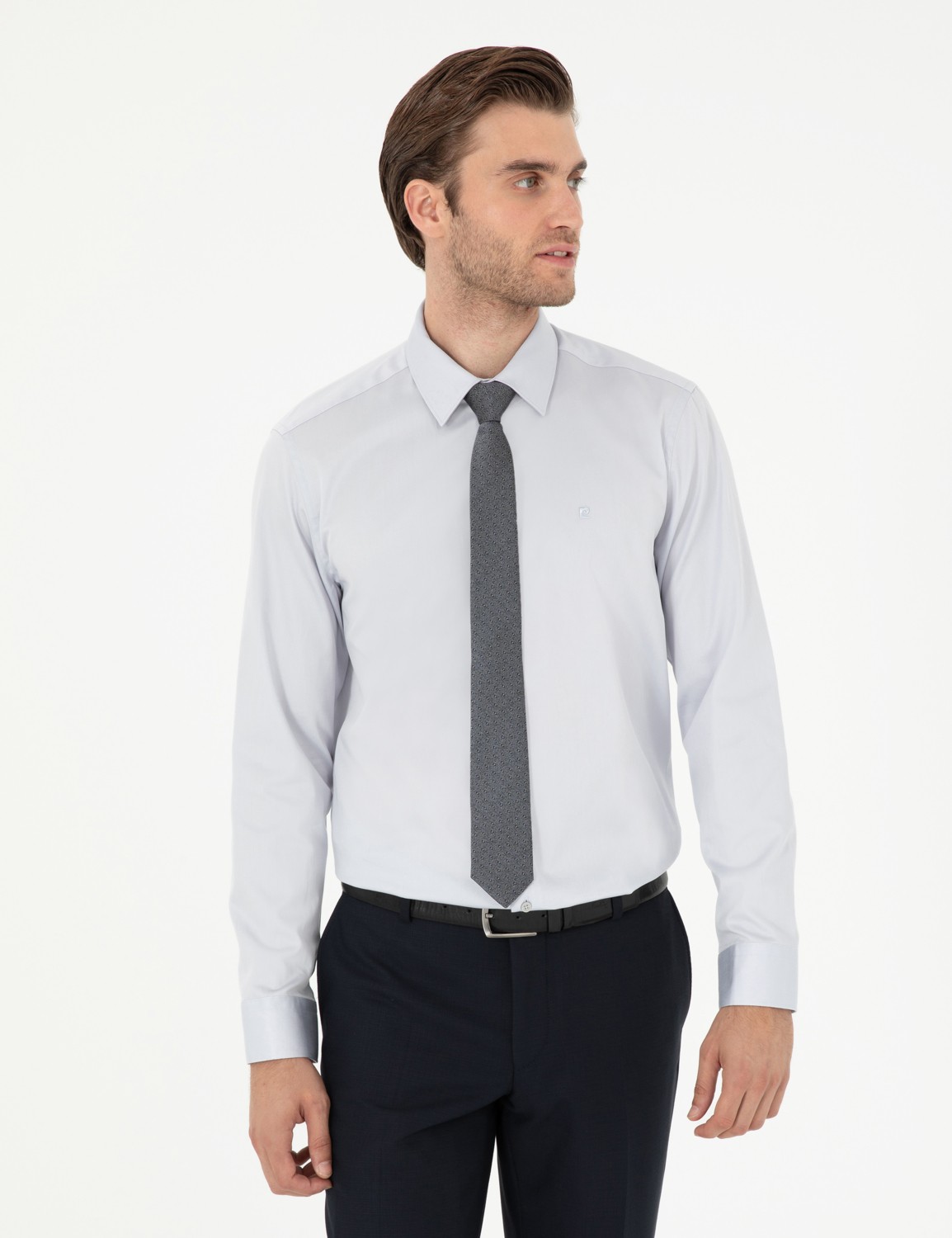 Pierre Cardin Erkek Beyaz Parlak Saten Slim Fit Uzun Kollu Basic Gömlek 50292520-VR013