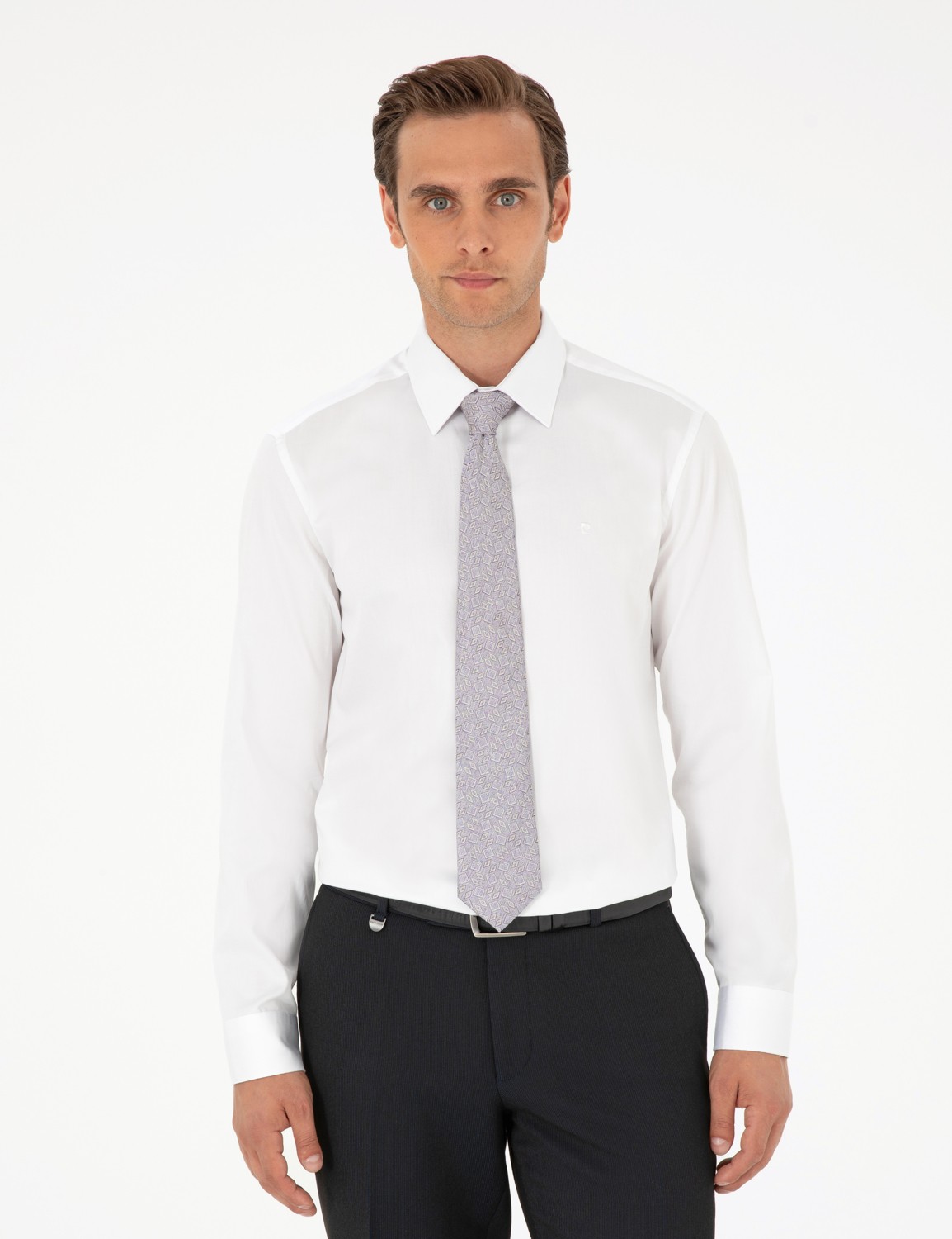 Pierre Cardin Erkek Beyaz Parlak Saten Slim Fit Uzun Kollu Basic Gömlek 50292520-VR013