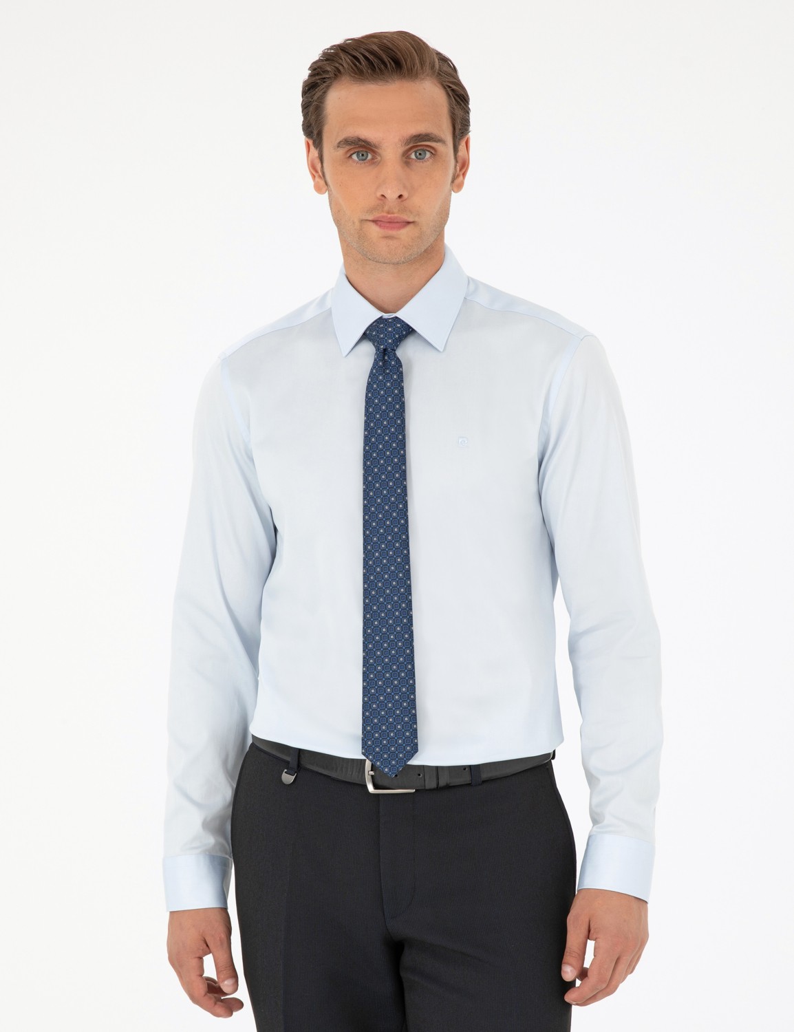 Pierre Cardin Erkek Beyaz Parlak Saten Slim Fit Uzun Kollu Basic Gömlek 50292520-VR013