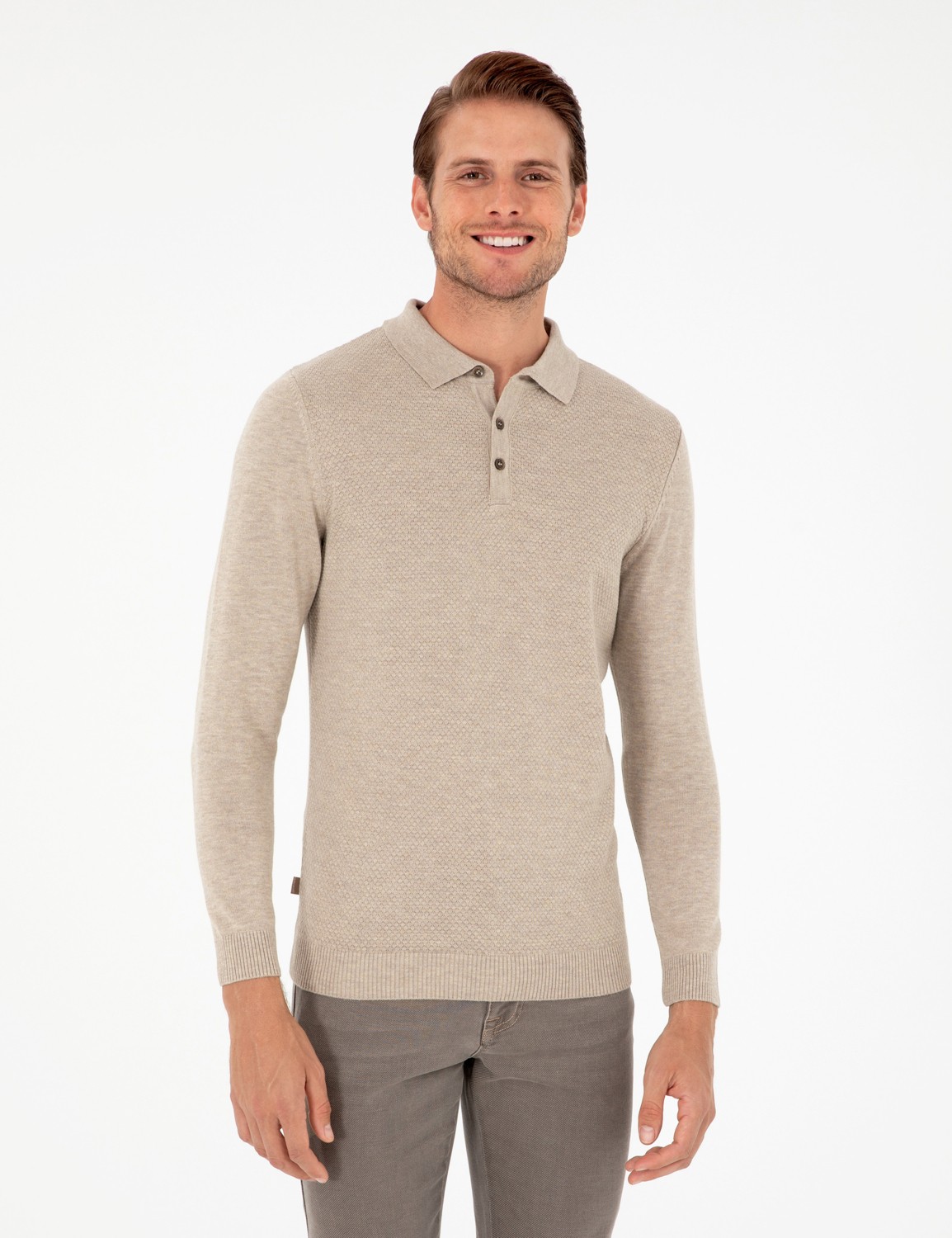 Pierre Cardin Erkek Kum Melanj Slim Fit Düğmeli Polo Yaka Triko Kazak 50300506-VR123