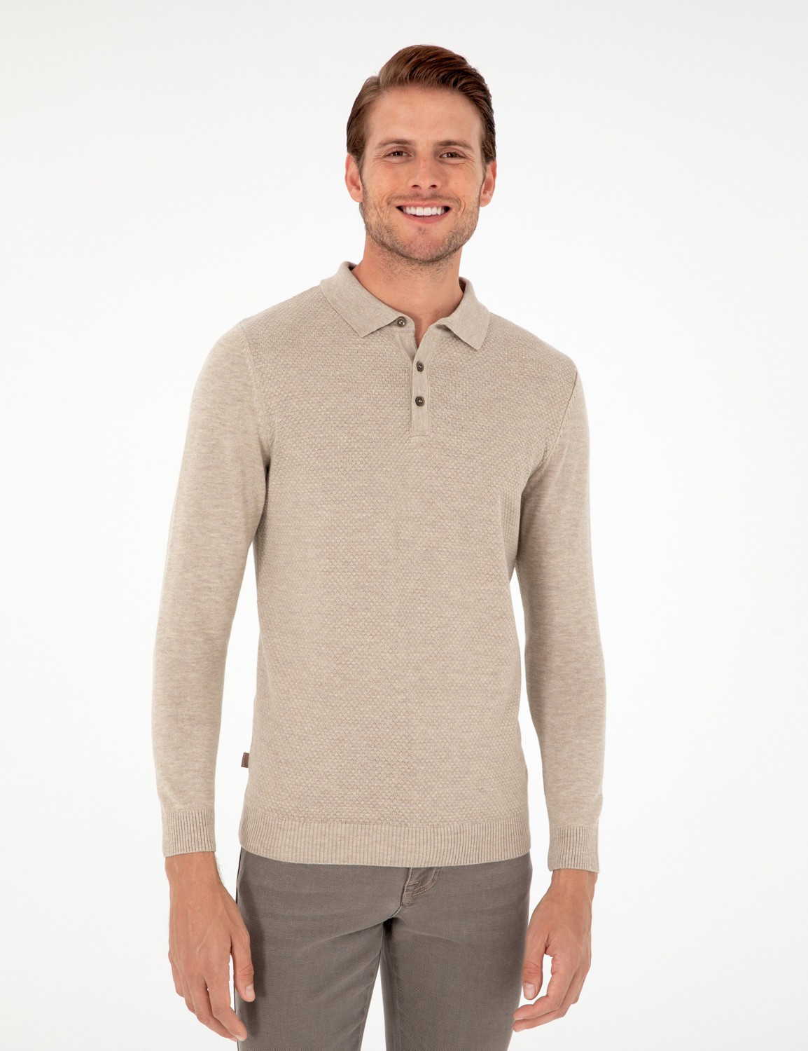 Pierre Cardin Erkek Kum Melanj Slim Fit Düğmeli Polo Yaka Triko Kazak 50300506-VR123 görsel 3