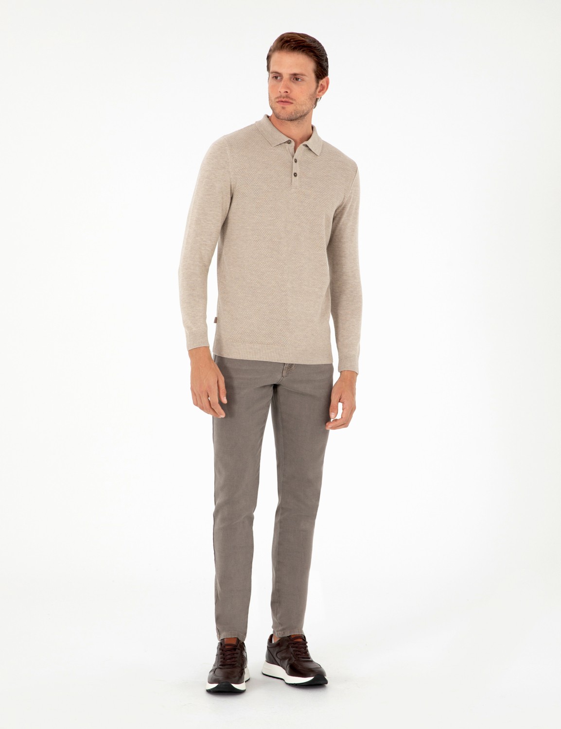 Pierre Cardin Erkek Kum Melanj Slim Fit Düğmeli Polo Yaka Triko Kazak 50300506-VR123 görsel 4