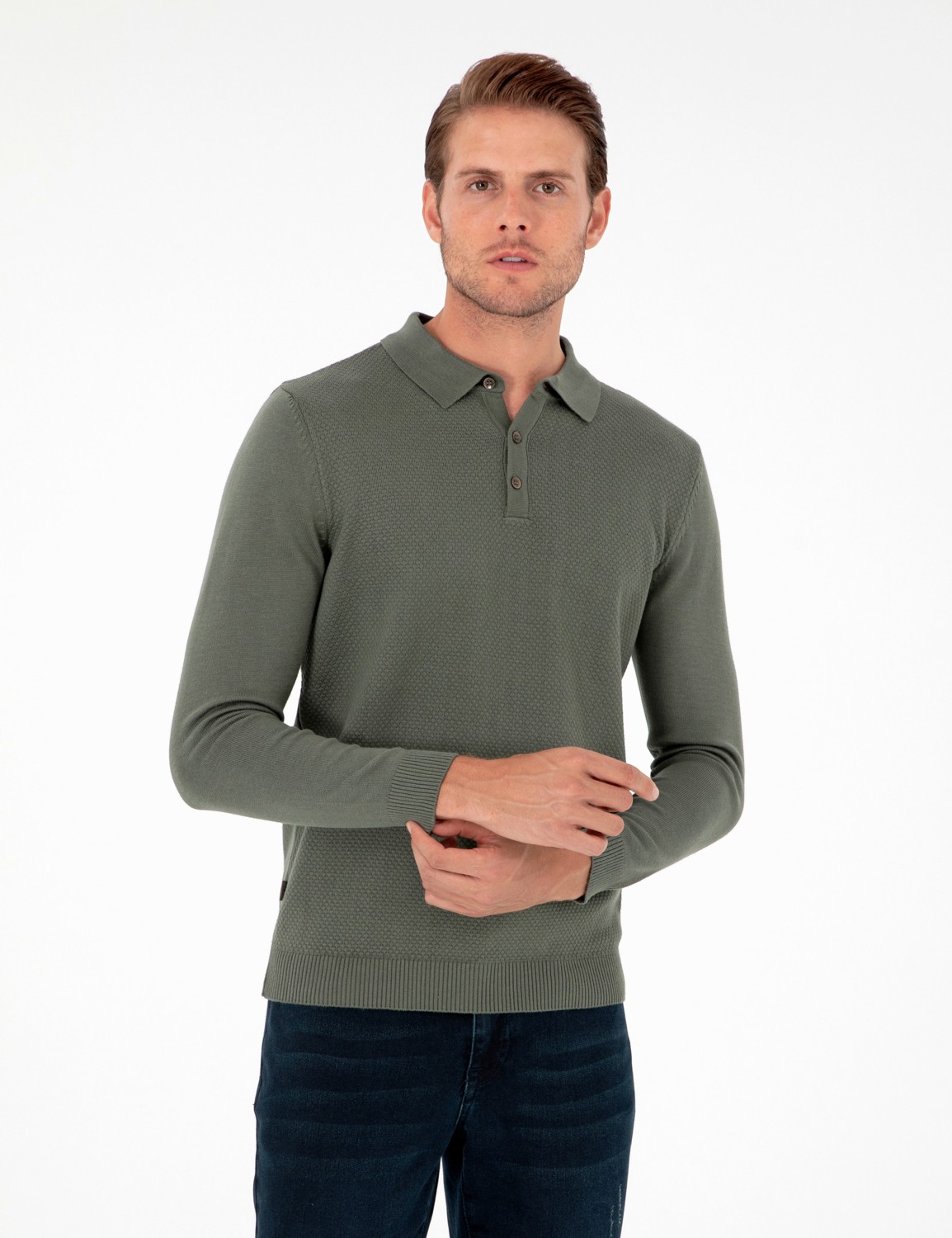 Pierre Cardin Erkek Kum Melanj Slim Fit Düğmeli Polo Yaka Triko Kazak 50300506-VR123 görsel 8