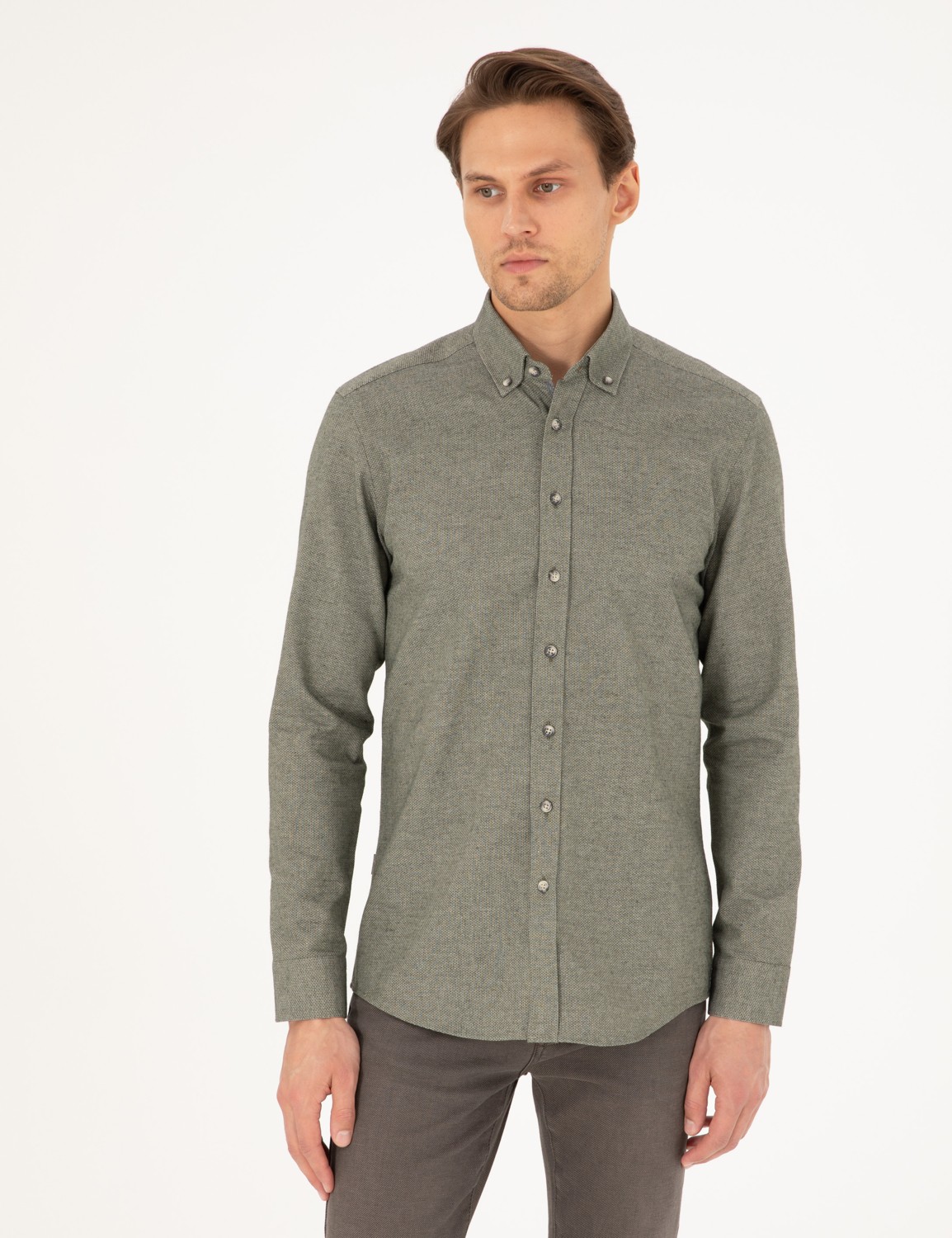 Pierre Cardin Erkek Haki Slim Fit Uzun Kollu Gömlek 50293756-VR027