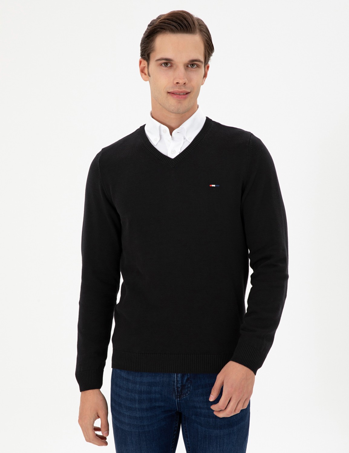 U.S. Polo Assn. Erkek Slim Fit V Yaka Taş Basic Kazak 50298283-VR049