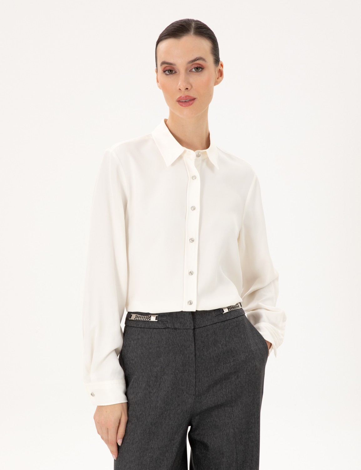 Pierre Cardin Kadın Ekru Comfort Fit Uzun Kollu Gömlek 50292250-VR019