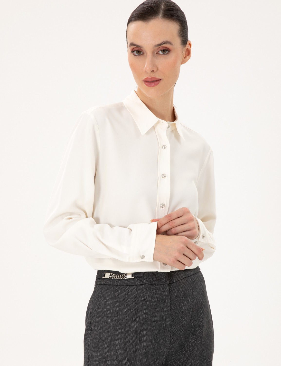 Pierre Cardin Kadın Ekru Comfort Fit Uzun Kollu Gömlek 50292250-VR019 görsel 3
