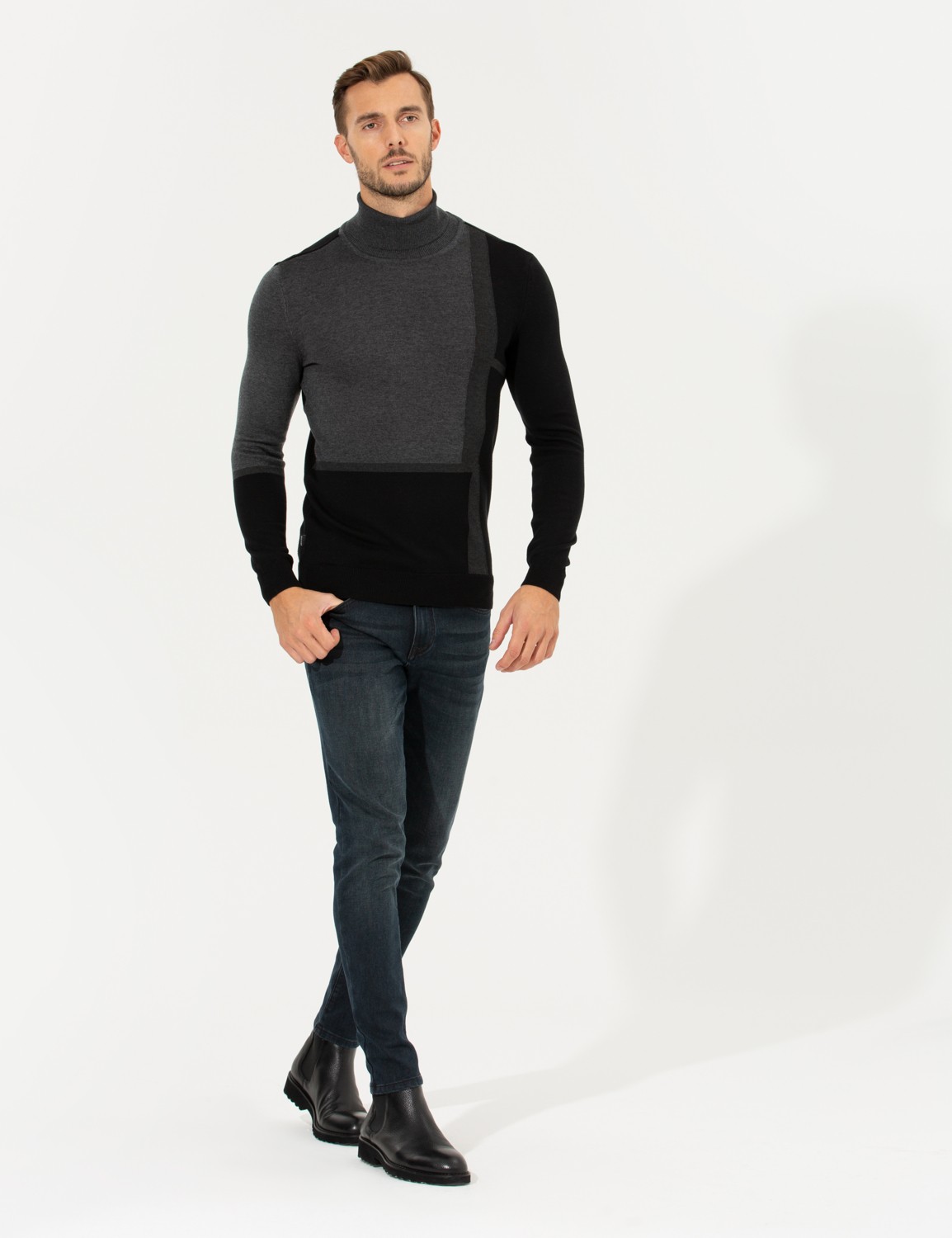 Pierre Cardin Erkek Gri Slim Fit Balıkçı Yaka Triko Kazak 50261176-VR024