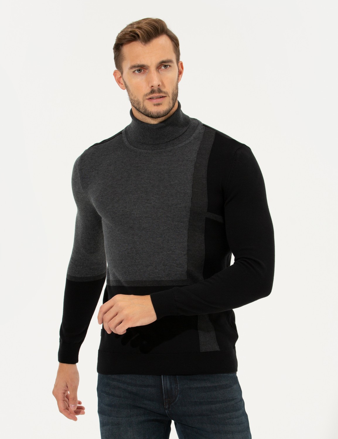 Pierre Cardin Erkek Gri Slim Fit Balıkçı Yaka Triko Kazak 50261176-VR024 görsel 3