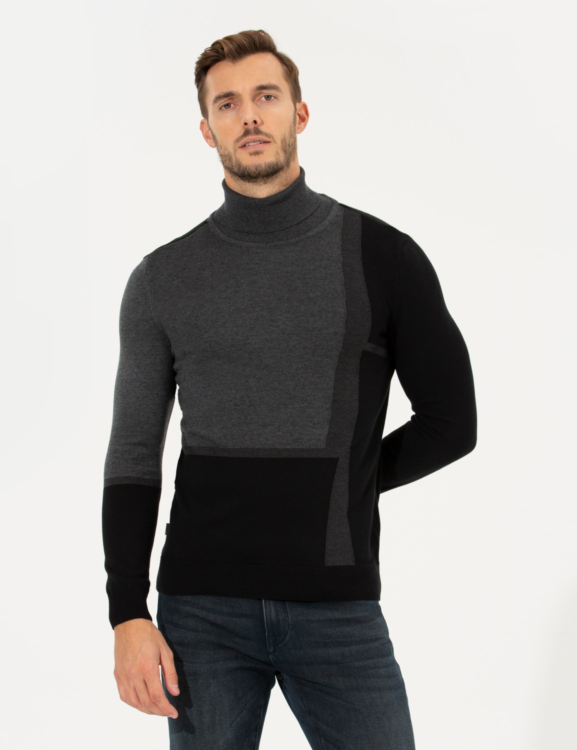 Pierre Cardin Erkek Gri Slim Fit Balıkçı Yaka Triko Kazak 50261176-VR024 görsel 4