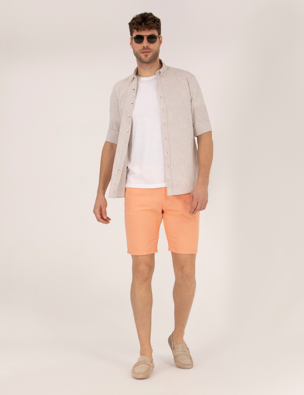 Pierre Cardin Erkek Turuncu Slim Fit Keten Karışımlı Beli Lastikli Bermuda Şort 50264863-VR051