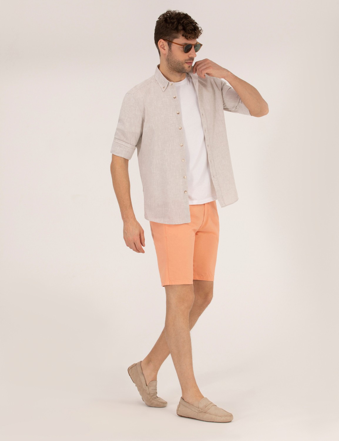Pierre Cardin Erkek Turuncu Slim Fit Keten Karışımlı Beli Lastikli Bermuda Şort 50264863-VR051 görsel 3
