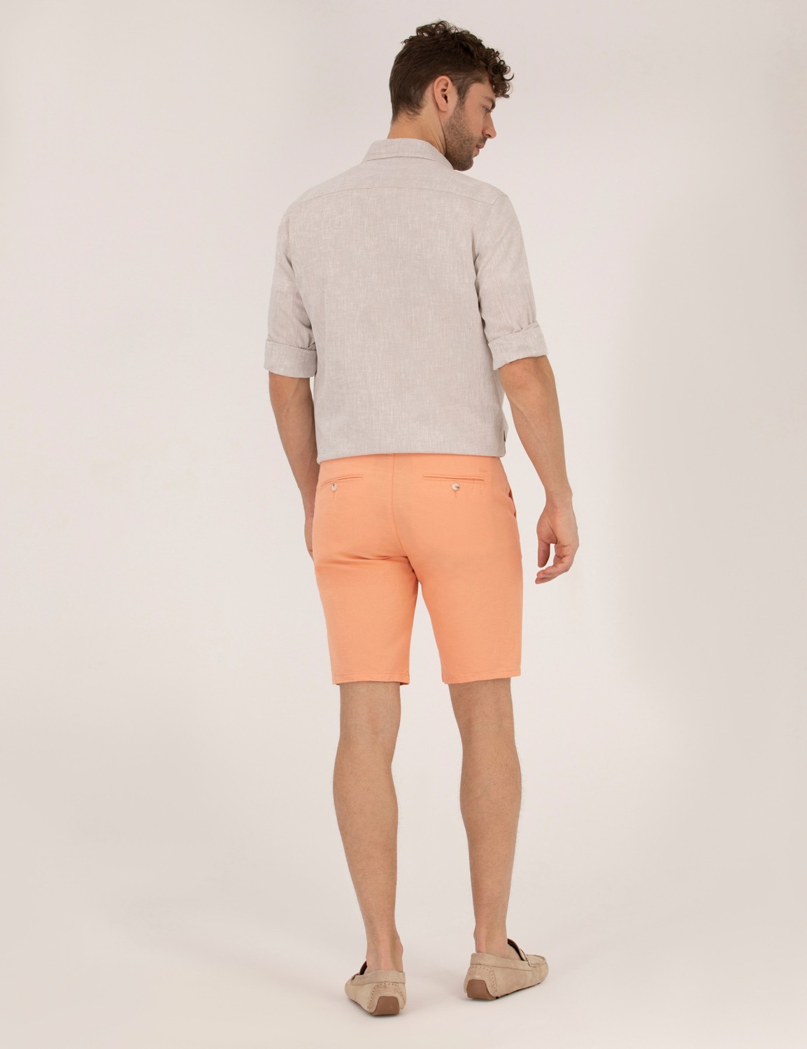 Pierre Cardin Erkek Turuncu Slim Fit Keten Karışımlı Beli Lastikli Bermuda Şort 50264863-VR051 görsel 4