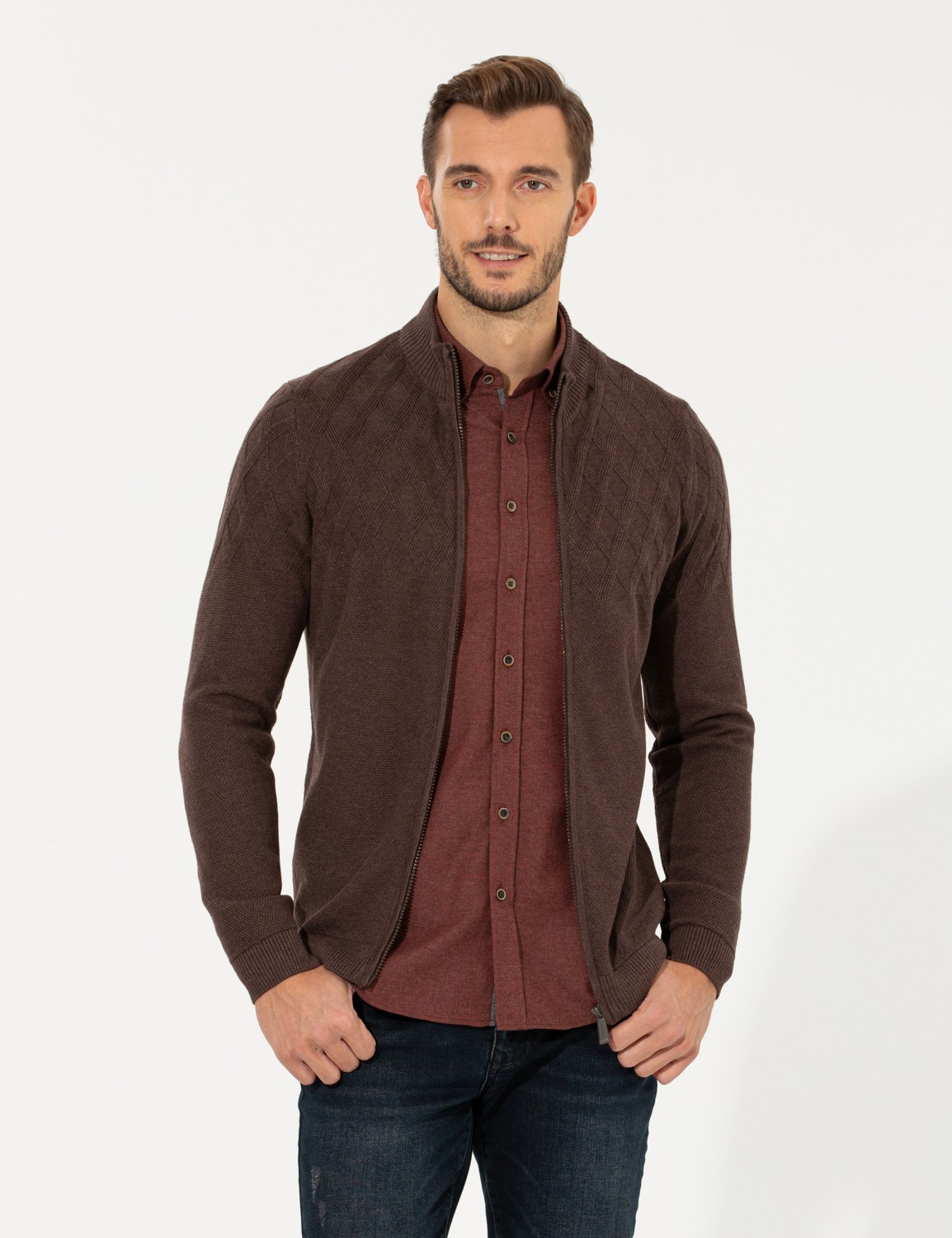 Pierre Cardin Erkek Açık Kahverengi Slim Fit Fermuarlı Triko Hırka 50258802-VR160