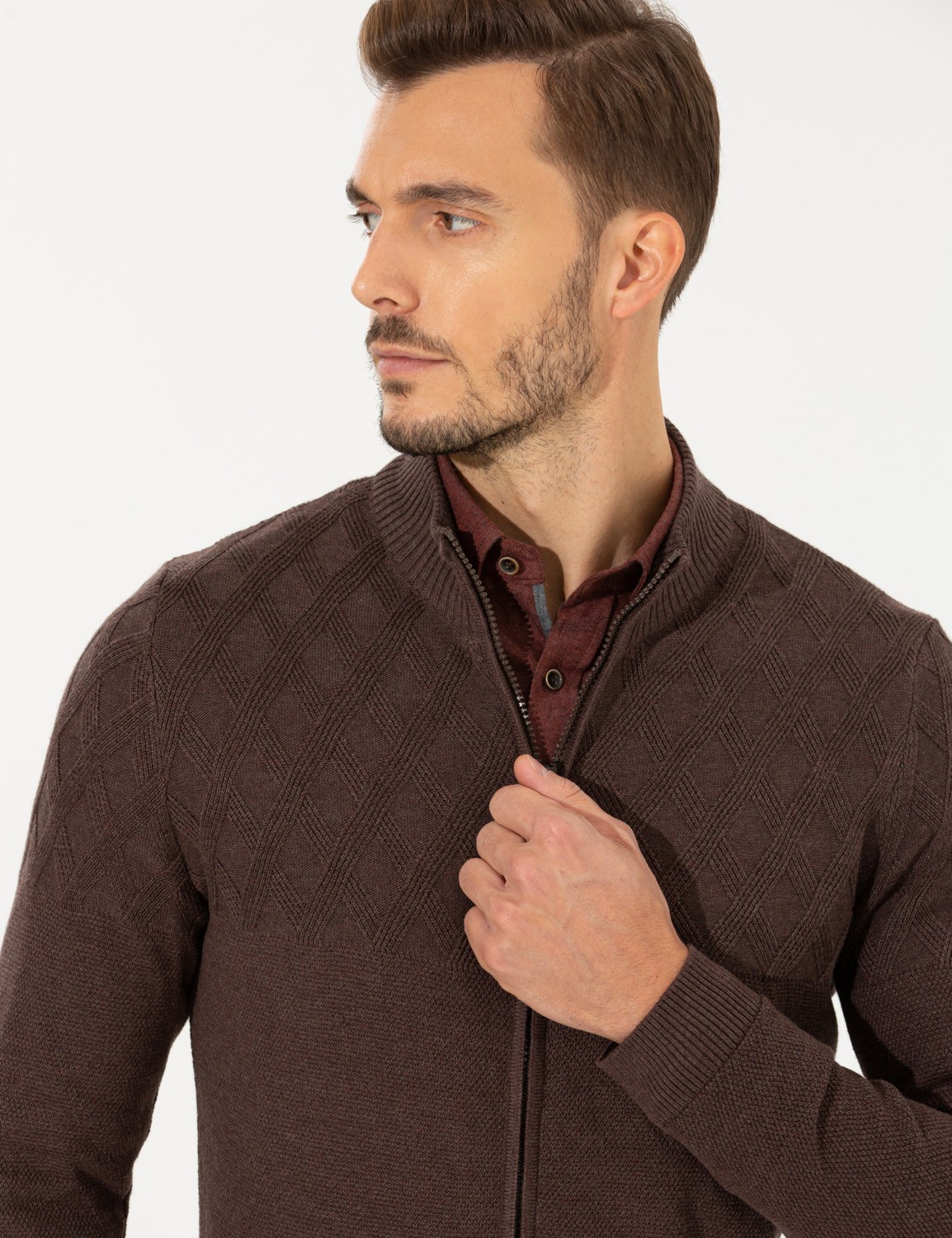 Pierre Cardin Erkek Açık Kahverengi Slim Fit Fermuarlı Triko Hırka 50258802-VR160 görsel 2