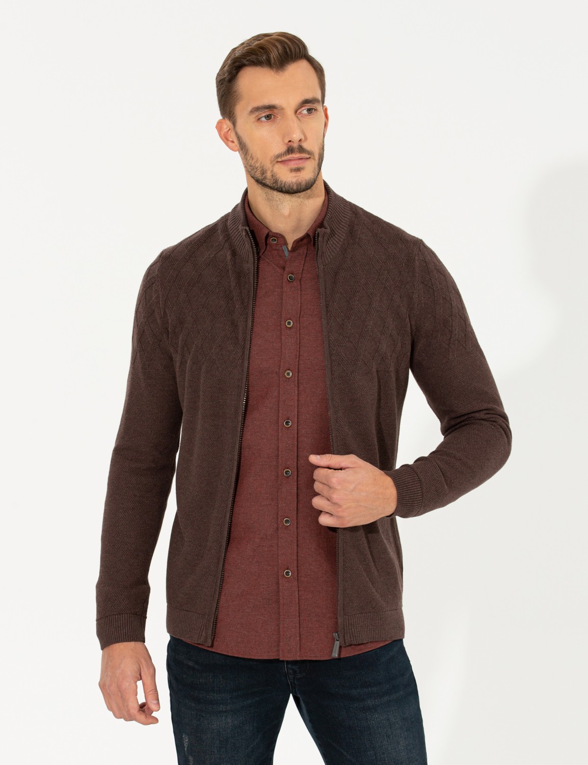 Pierre Cardin Erkek Açık Kahverengi Slim Fit Fermuarlı Triko Hırka 50258802-VR160 görsel 3