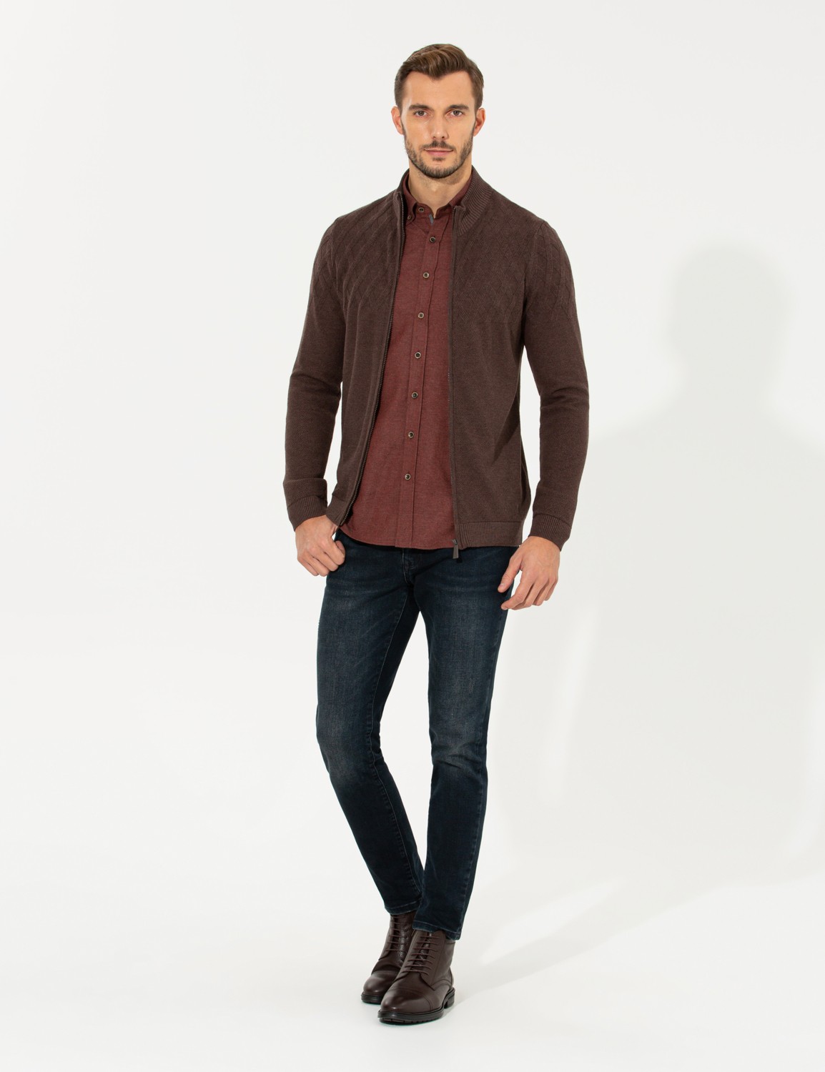 Pierre Cardin Erkek Açık Kahverengi Slim Fit Fermuarlı Triko Hırka 50258802-VR160 görsel 4