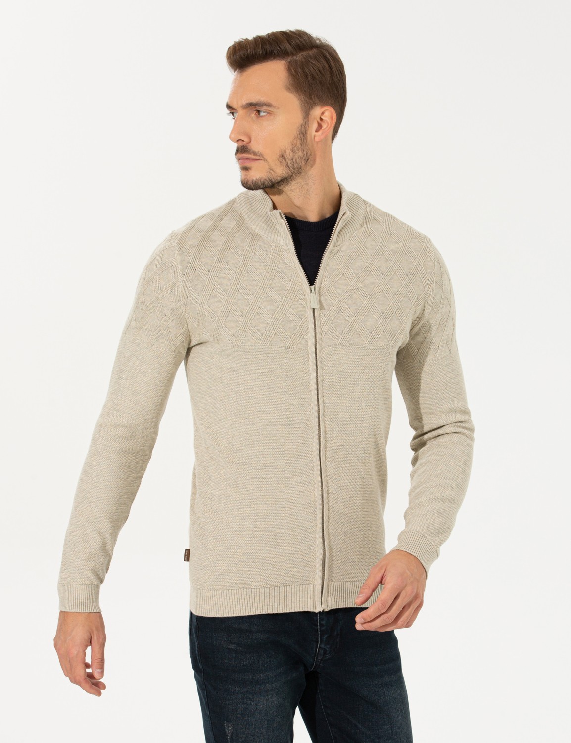 Pierre Cardin Erkek Açık Kahverengi Slim Fit Fermuarlı Triko Hırka 50258802-VR160 görsel 7