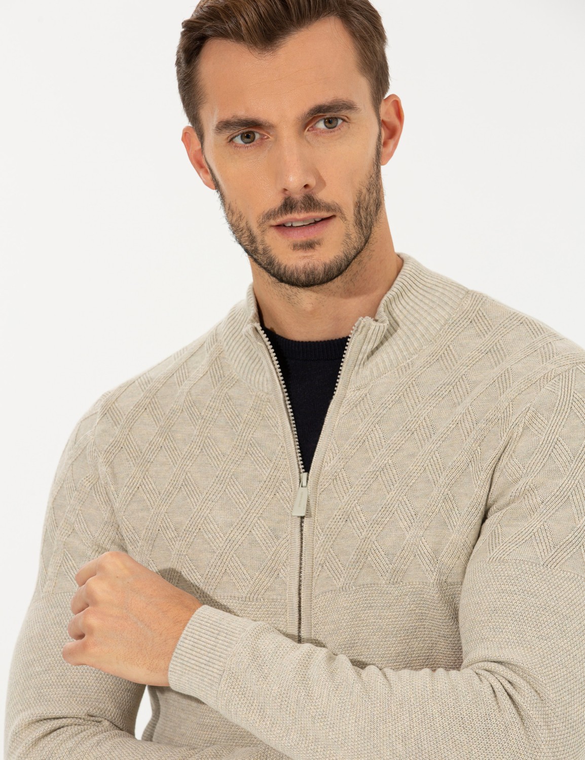 Pierre Cardin Erkek Açık Kahverengi Slim Fit Fermuarlı Triko Hırka 50258802-VR160 görsel 8