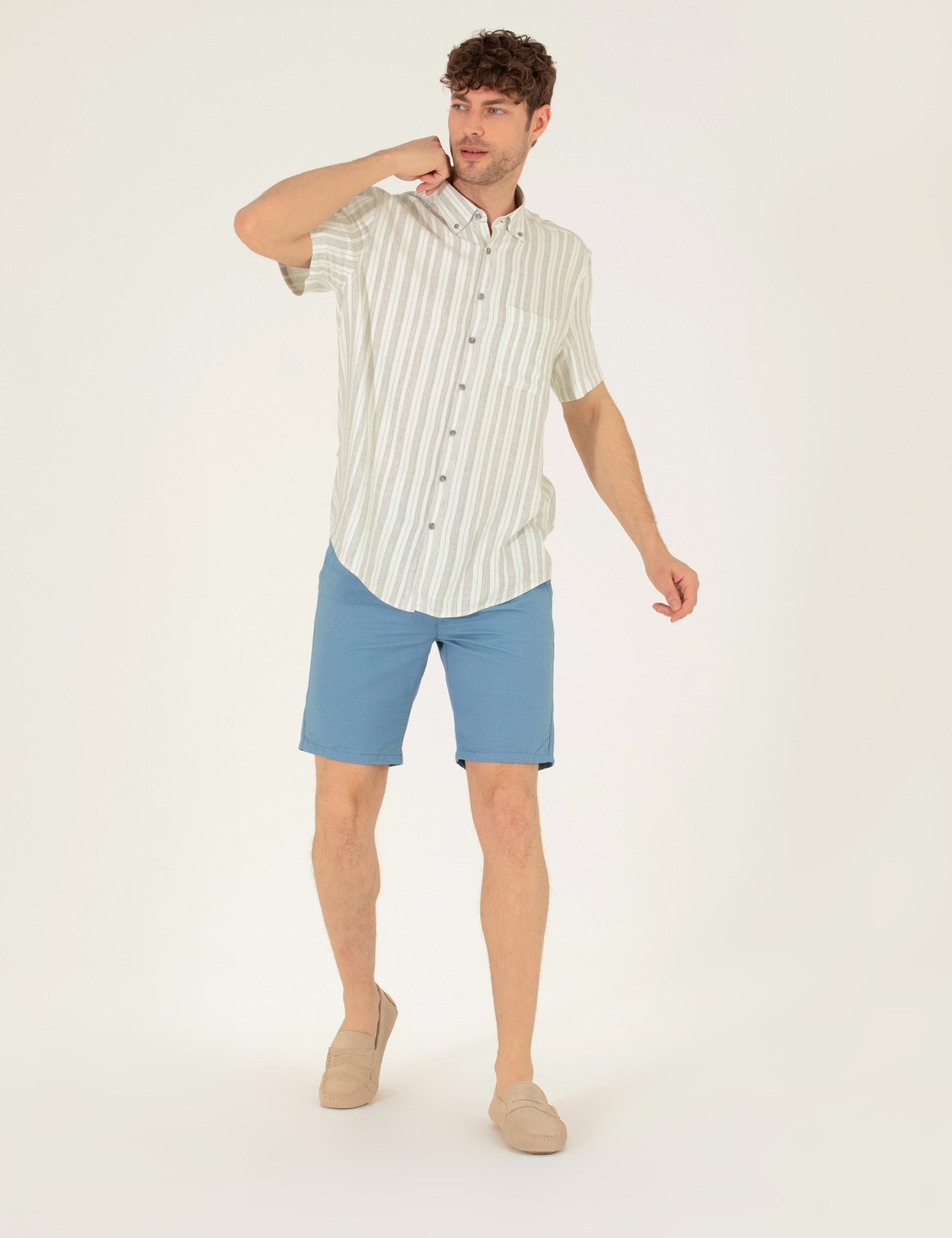 Pierre Cardin Erkek Turuncu Slim Fit Keten Karışımlı Beli Lastikli Bermuda Şort 50264863-VR051