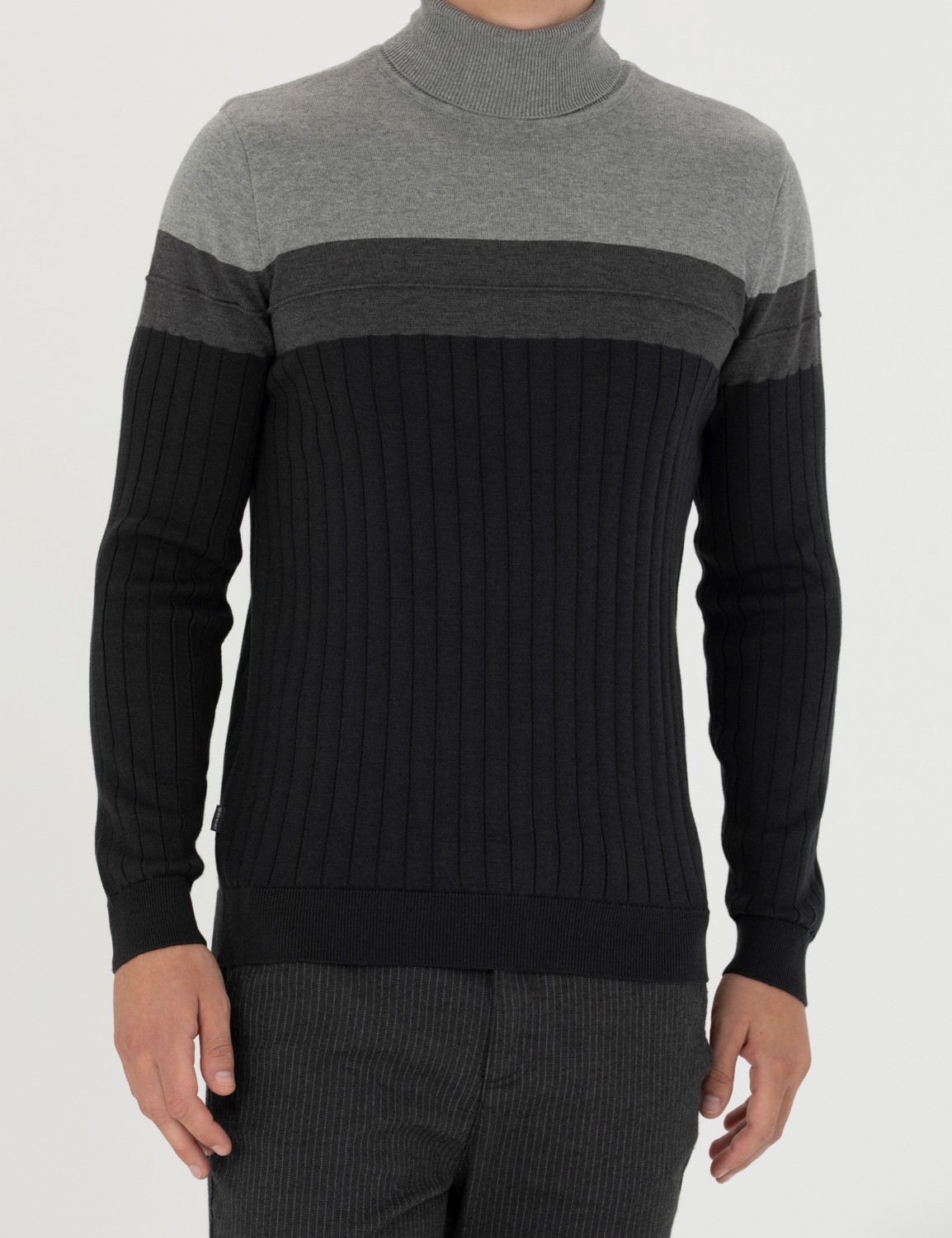 Pierre Cardin Erkek Vizon Melanj Slim Fit Balıkçı Yaka Triko Kazak 50279430-VR174 görsel 6