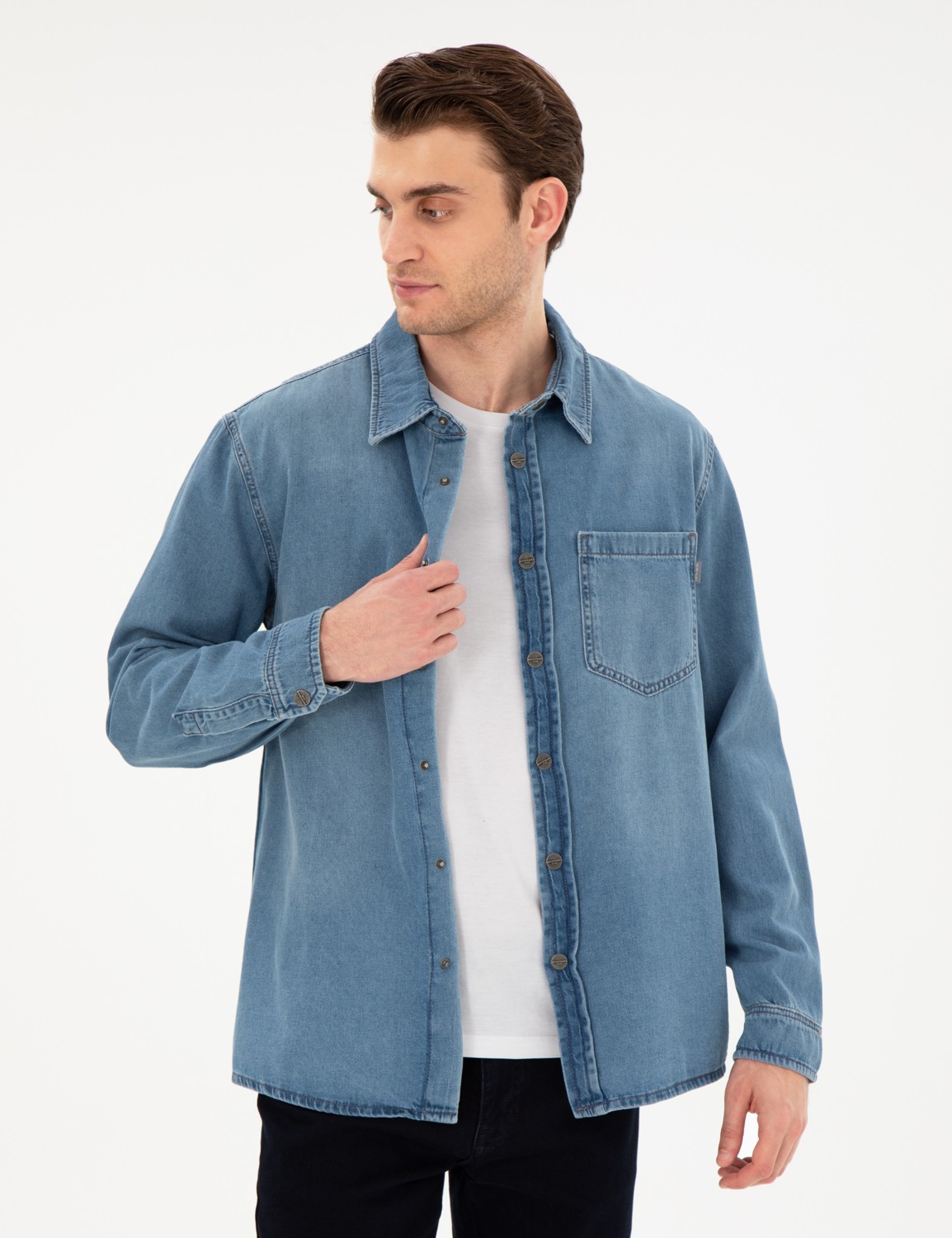 Pierre Cardin Erkek Mavi Comfort Fit Uzun Kollu Jean Gömlek 50292072-VR036