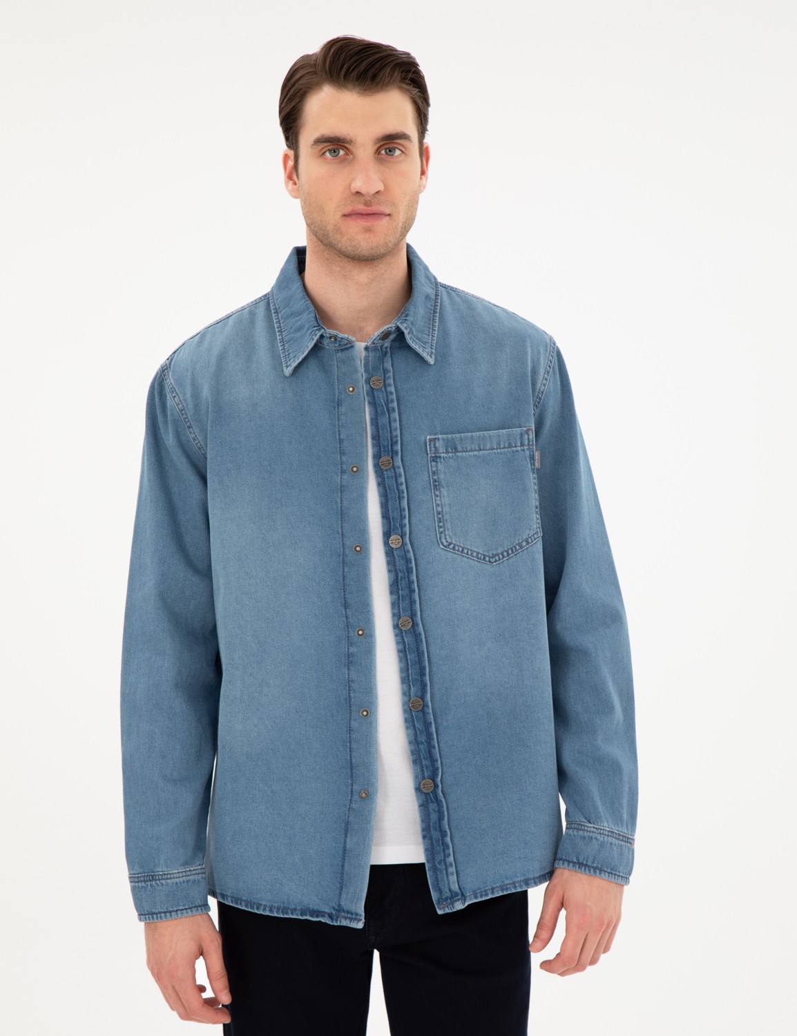 Pierre Cardin Erkek Mavi Comfort Fit Uzun Kollu Jean Gömlek 50292072-VR036 görsel 3
