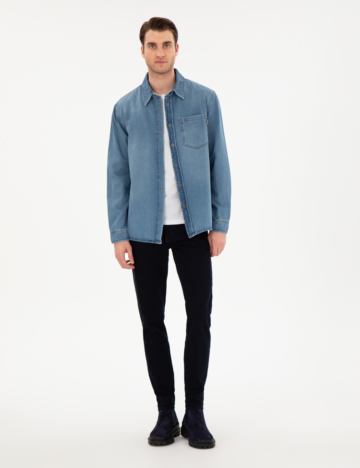 Pierre Cardin Erkek Mavi Comfort Fit Uzun Kollu Jean Gömlek 50292072-VR036 görsel 4