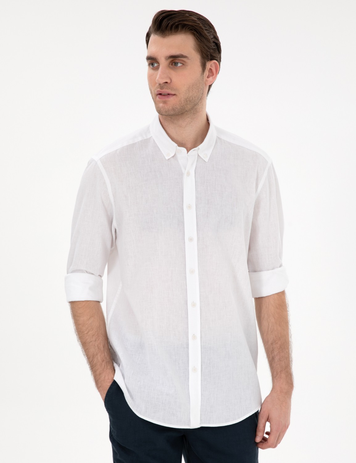 Pierre Cardin Erkek Beyaz Keten Karışımlı Regular Fit Uzun Kollu Gömlek 50303388-VR013