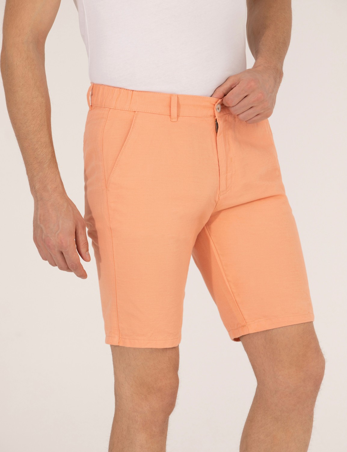 Pierre Cardin Erkek Turuncu Slim Fit Keten Karışımlı Beli Lastikli Bermuda Şort 50264863-VR051 görsel 6