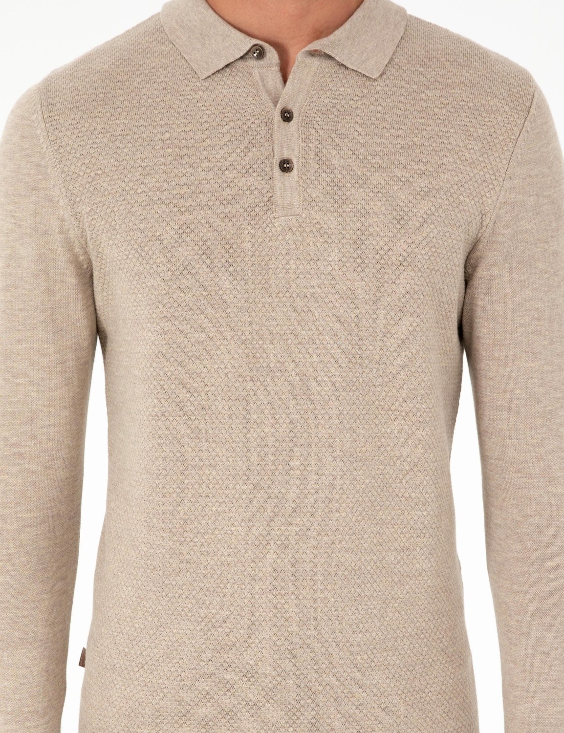 Pierre Cardin Erkek Kum Melanj Slim Fit Düğmeli Polo Yaka Triko Kazak 50300506-VR123 görsel 6