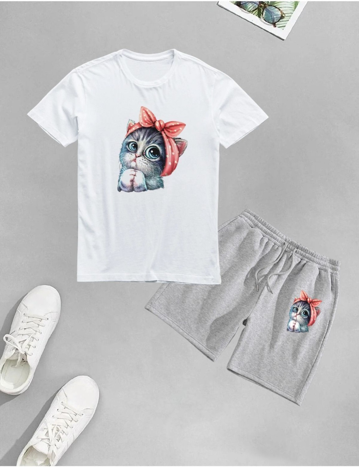 Yoho Sport Lunavısta Unisex Sevimli Minik Kedi Baskılı Şort-T-Shirt Takımı
