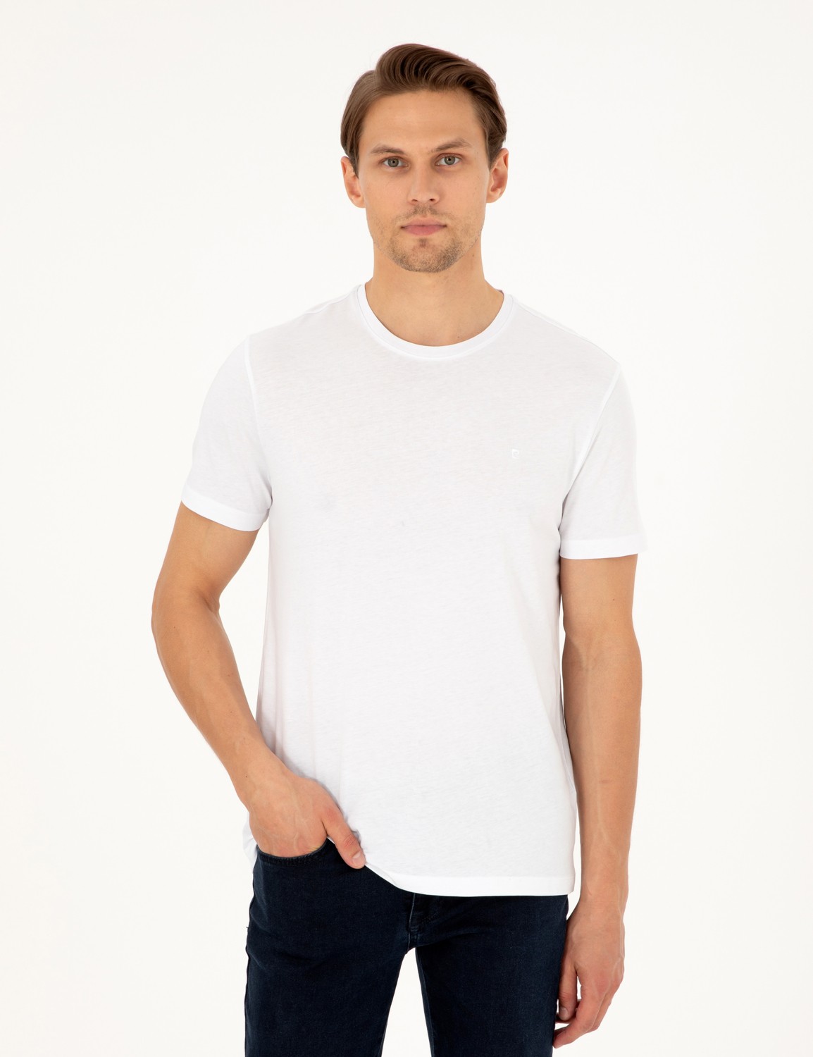 Pierre Cardin Erkek Beyaz %100 Pamuk Slim Fit Bisiklet Yaka Basic Tişört 50306980-VR013 görsel 8