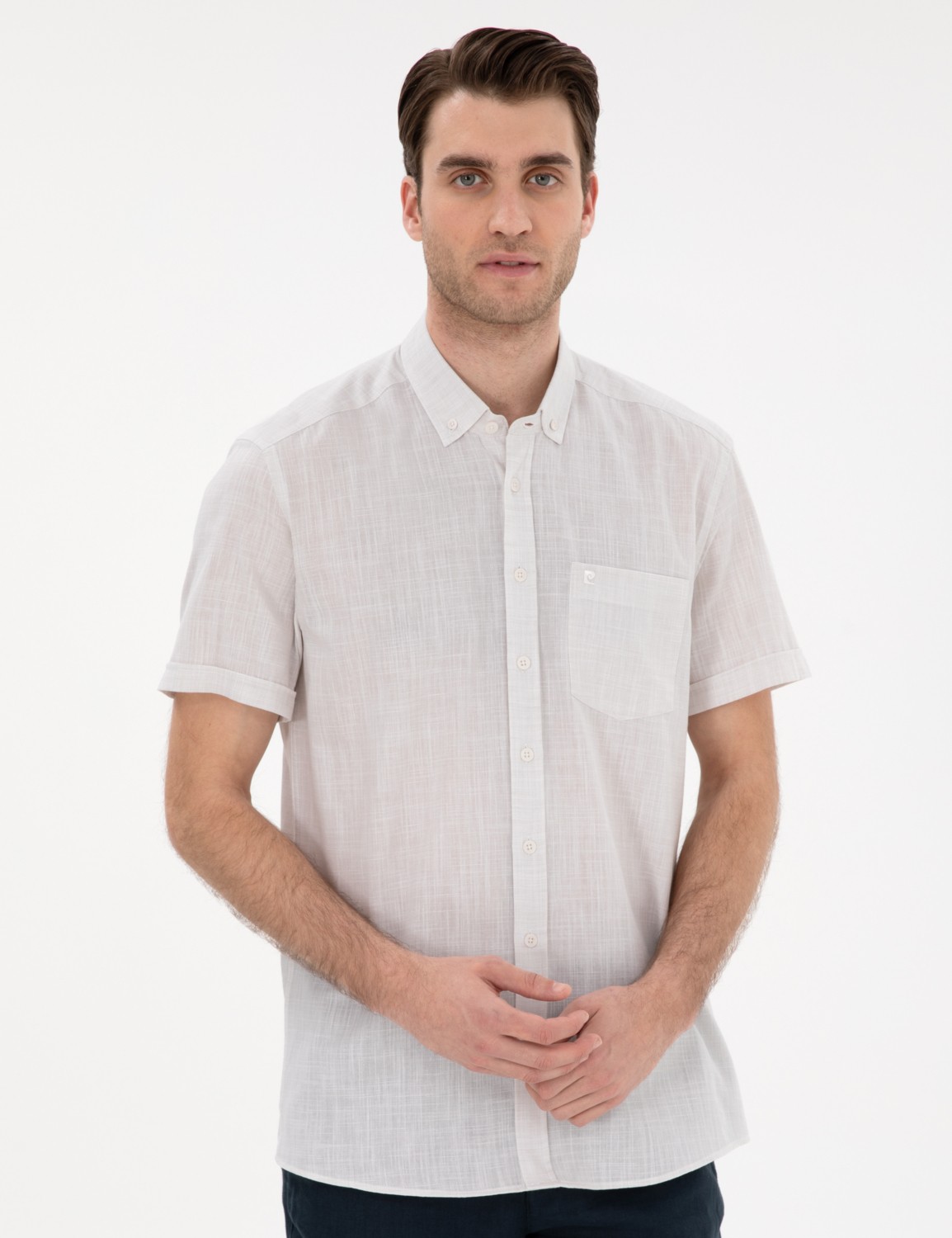 Pierre Cardin Erkek Lacivert Keten Görünümlü Regular Fit Kısa Kollu Cepli Gömlek 50306950-VR033