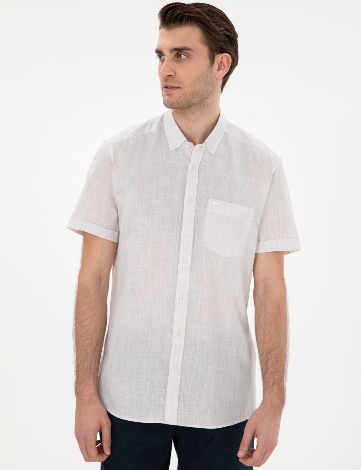 Pierre Cardin Erkek Lacivert Keten Görünümlü Regular Fit Kısa Kollu Cepli Gömlek 50306950-VR033 görsel 3